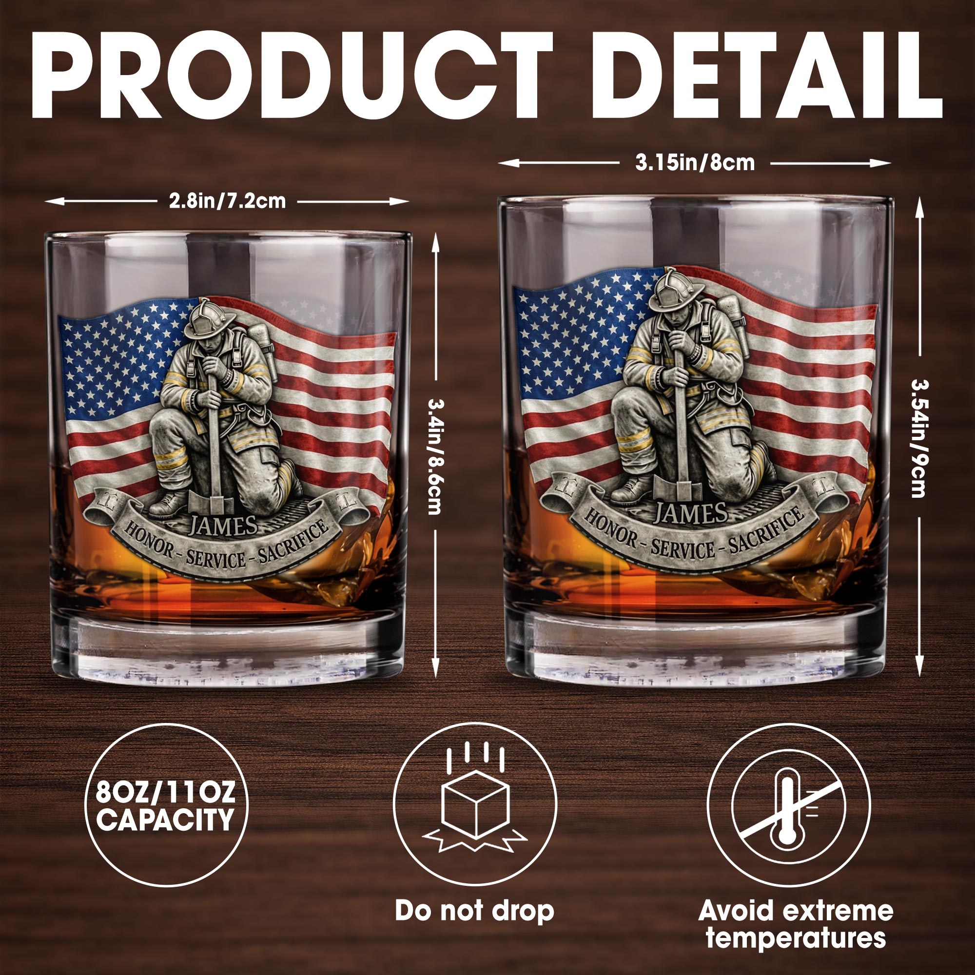 Honor Service Sacrifice Firefighter With American Flag And Axe - Personalized Custom Whiskey Glass - FIF095_RWG