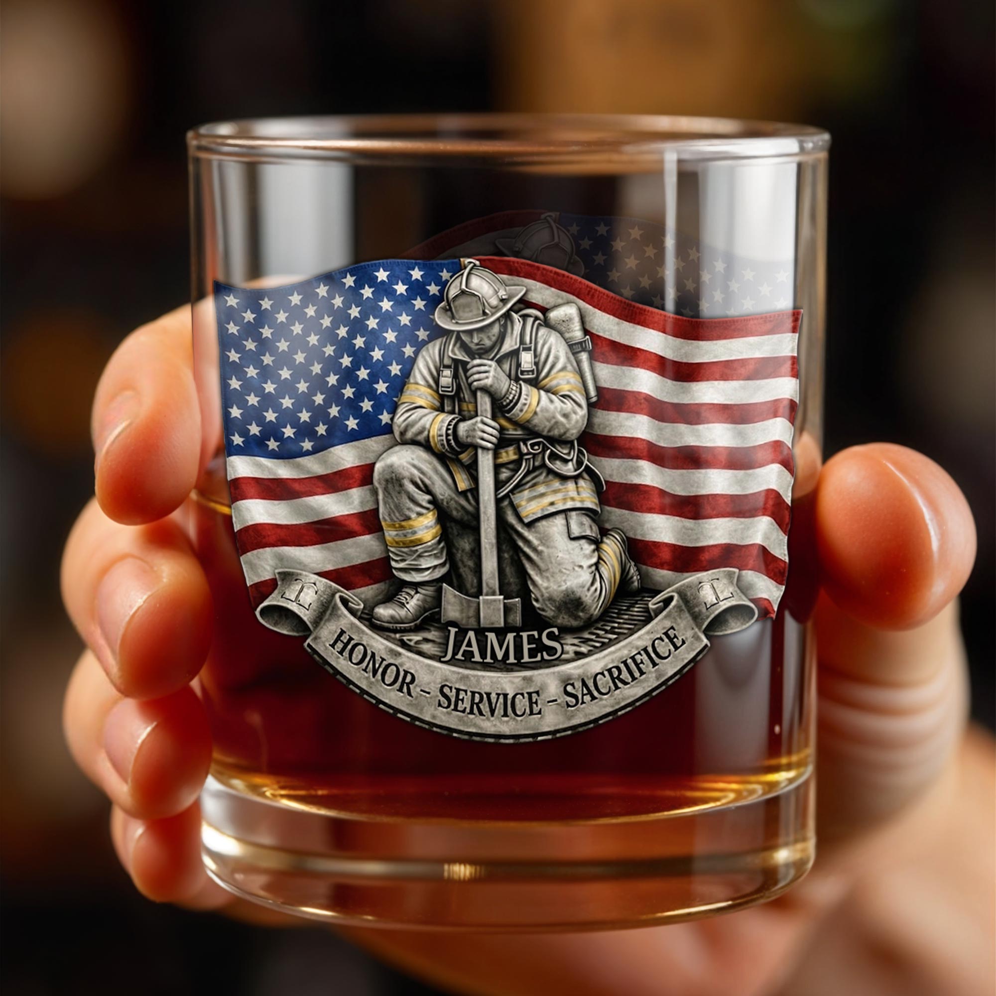Honor Service Sacrifice Firefighter With American Flag And Axe - Personalized Custom Whiskey Glass - FIF095_RWG