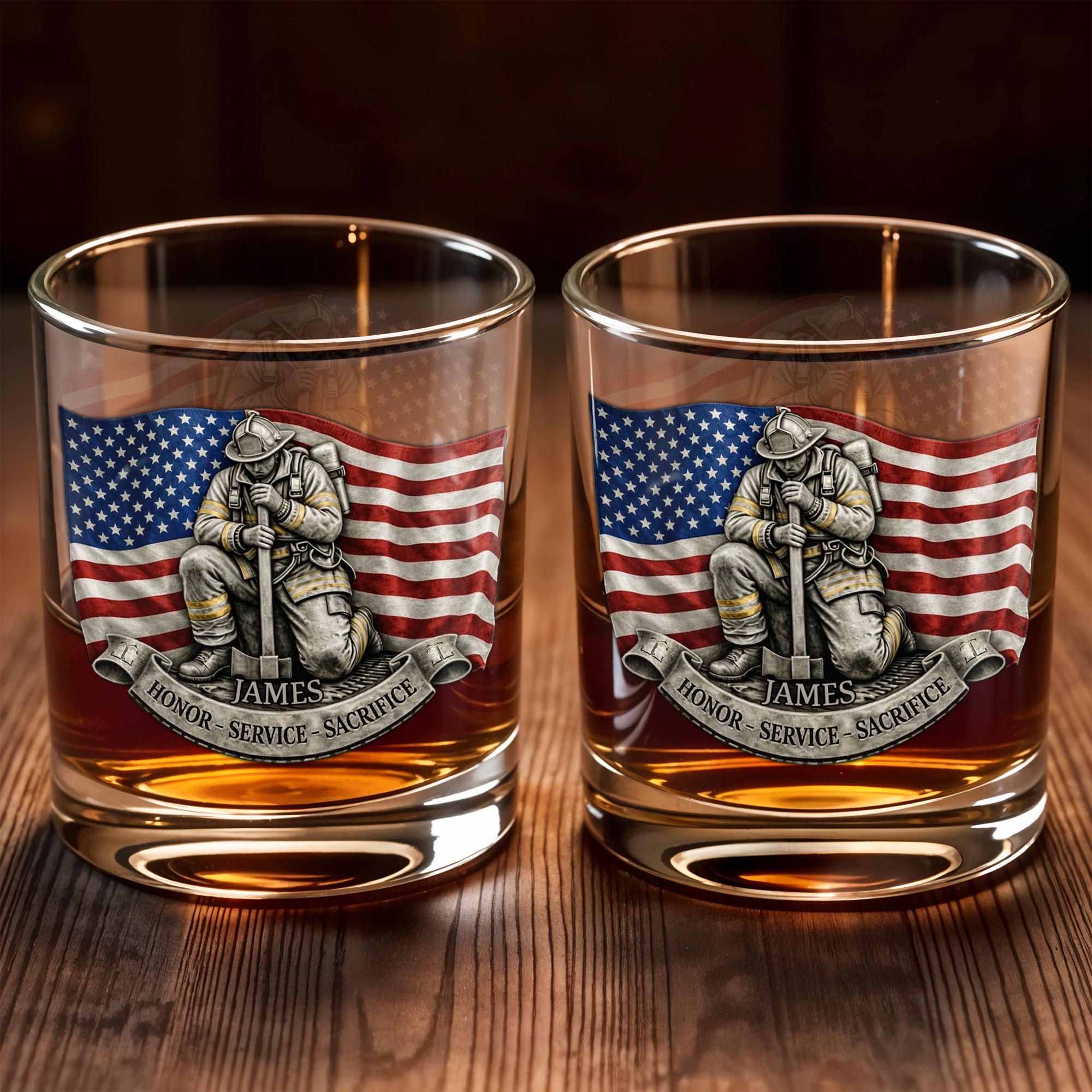 Honor Service Sacrifice Firefighter With American Flag And Axe - Personalized Custom Whiskey Glass - FIF095_RWG