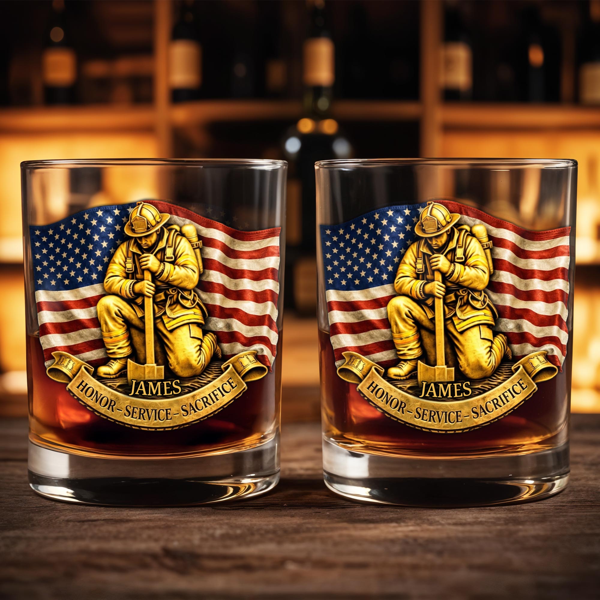 Honor Service Sacrifice Firefighter And American Flag - Personalized Custom Whiskey Glass - FIF096_RWG