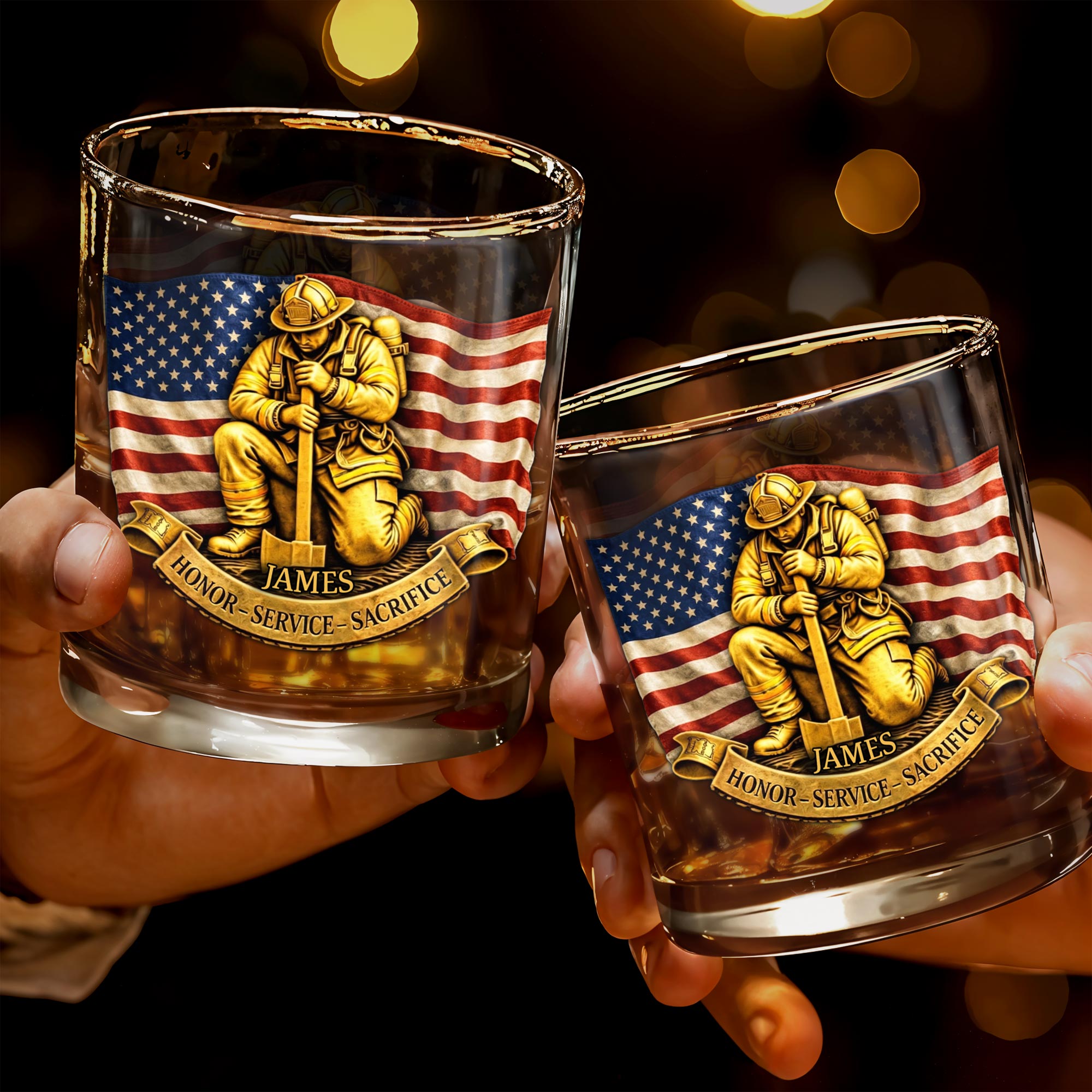 Honor Service Sacrifice Firefighter And American Flag - Personalized Custom Whiskey Glass - FIF096_RWG
