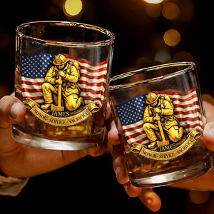 Honor Service Sacrifice Firefighter And American Flag - Personalized Custom Whiskey Glass - FIF096_RWG