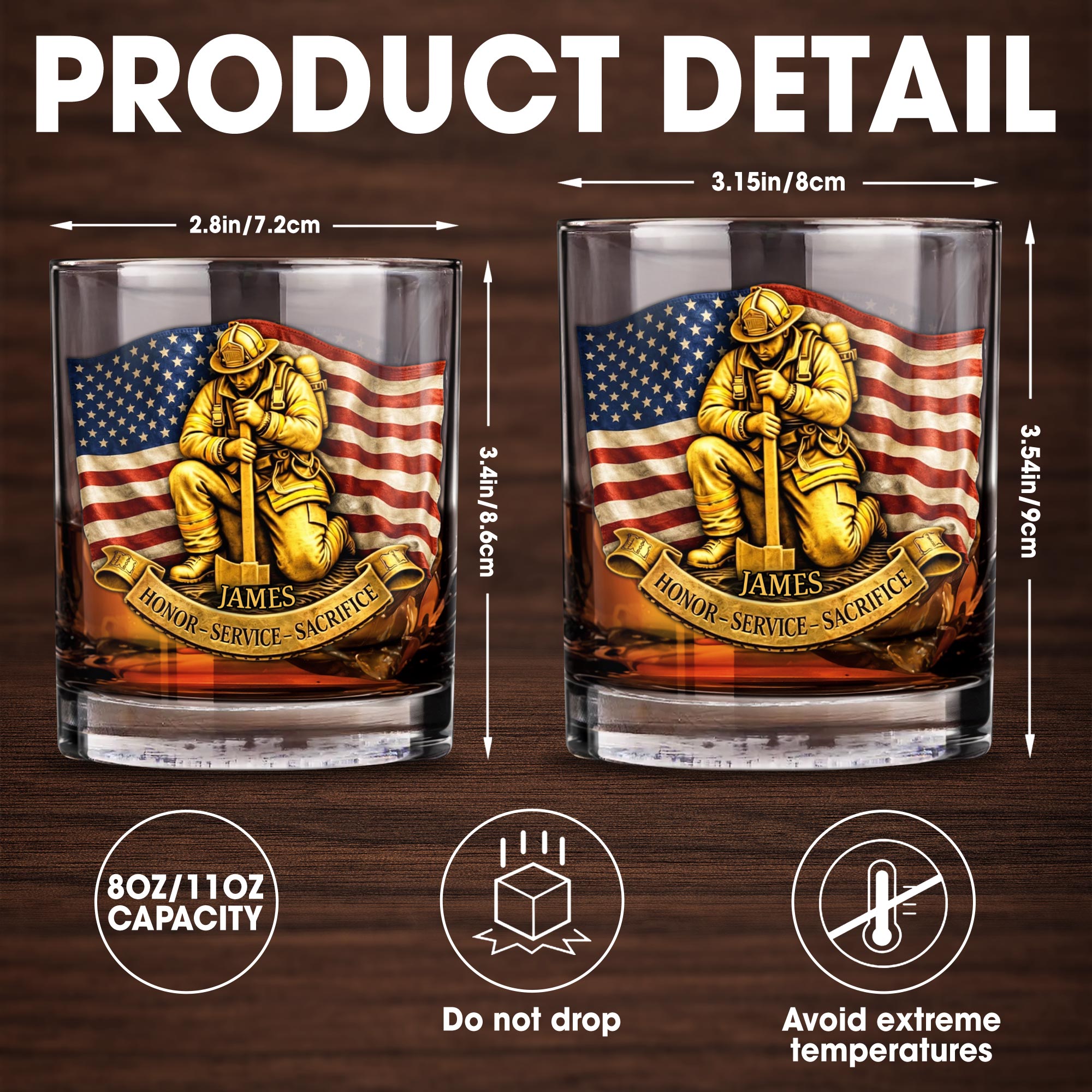 Honor Service Sacrifice Firefighter And American Flag - Personalized Custom Whiskey Glass - FIF096_RWG