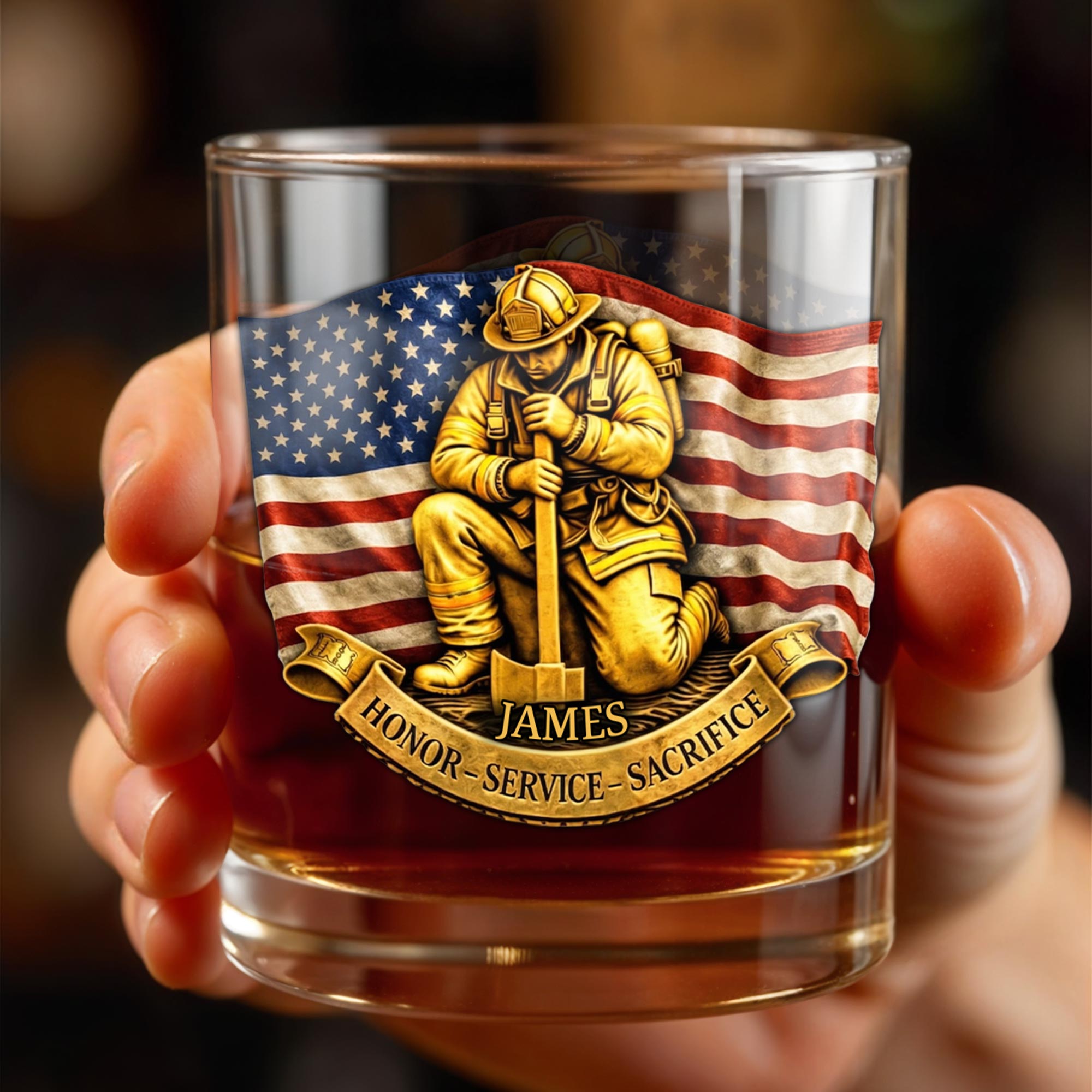 Honor Service Sacrifice Firefighter And American Flag - Personalized Custom Whiskey Glass - FIF096_RWG