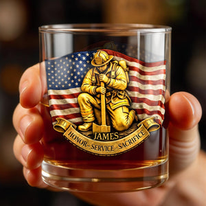 Honor Service Sacrifice Firefighter And American Flag - Personalized Custom Whiskey Glass - FIF096_RWG