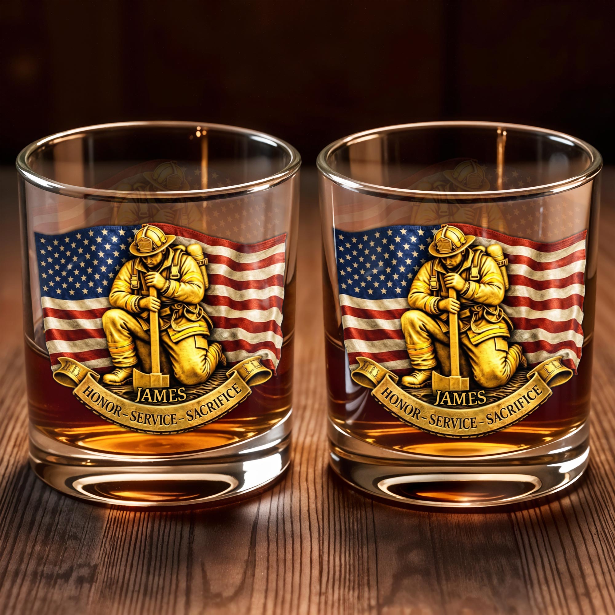 Honor Service Sacrifice Firefighter And American Flag - Personalized Custom Whiskey Glass - FIF096_RWG