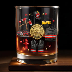 Firefighter Courage With 3D Golden Badge And Firefighter Gear Symbols - Personalized Custom Whiskey Glass - FIF106_RWG