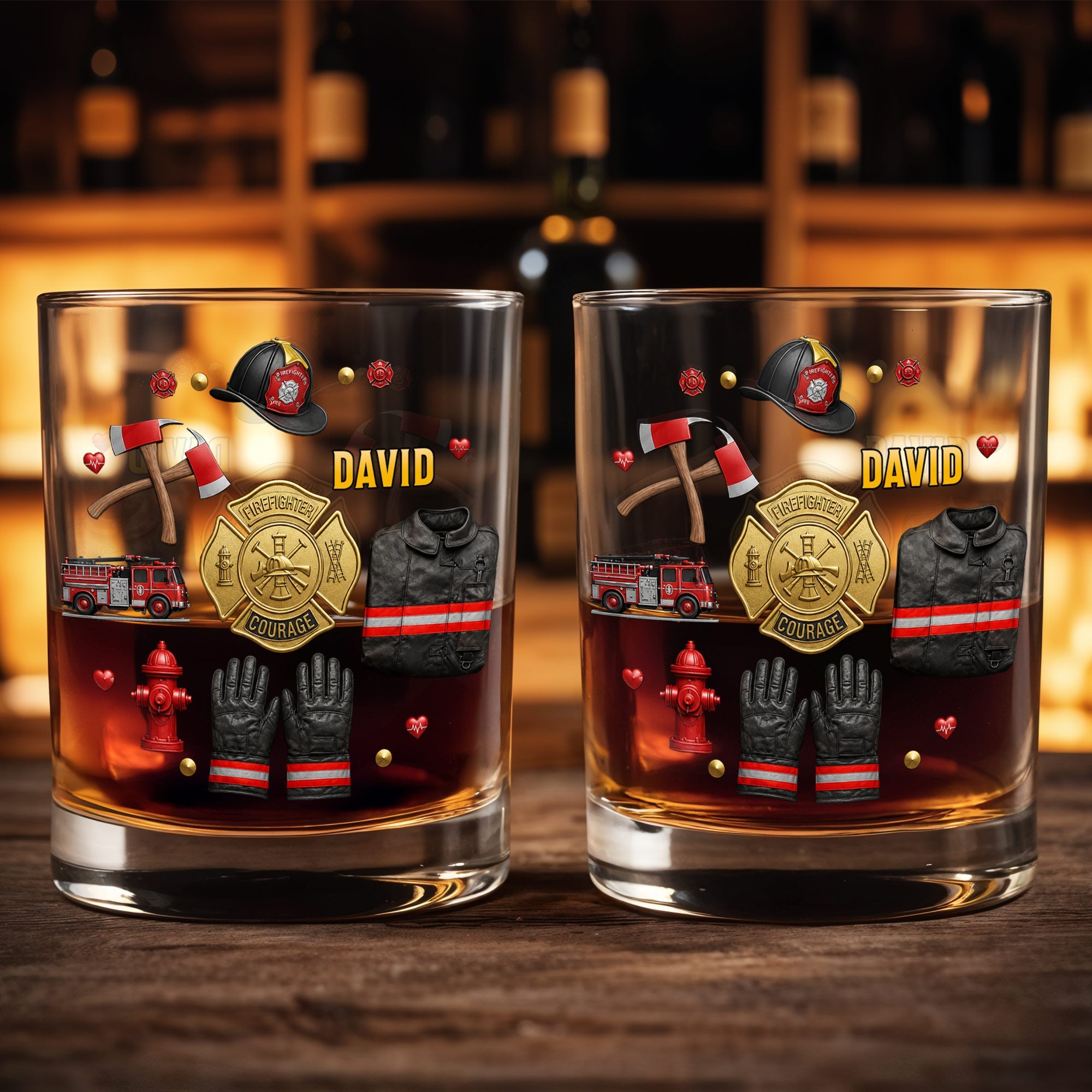 Firefighter Courage With 3D Golden Badge And Firefighter Gear Symbols - Personalized Custom Whiskey Glass - FIF106_RWG