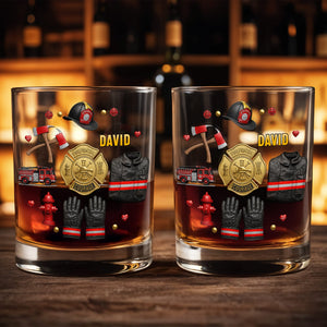 Firefighter Courage With 3D Golden Badge And Firefighter Gear Symbols - Personalized Custom Whiskey Glass - FIF106_RWG