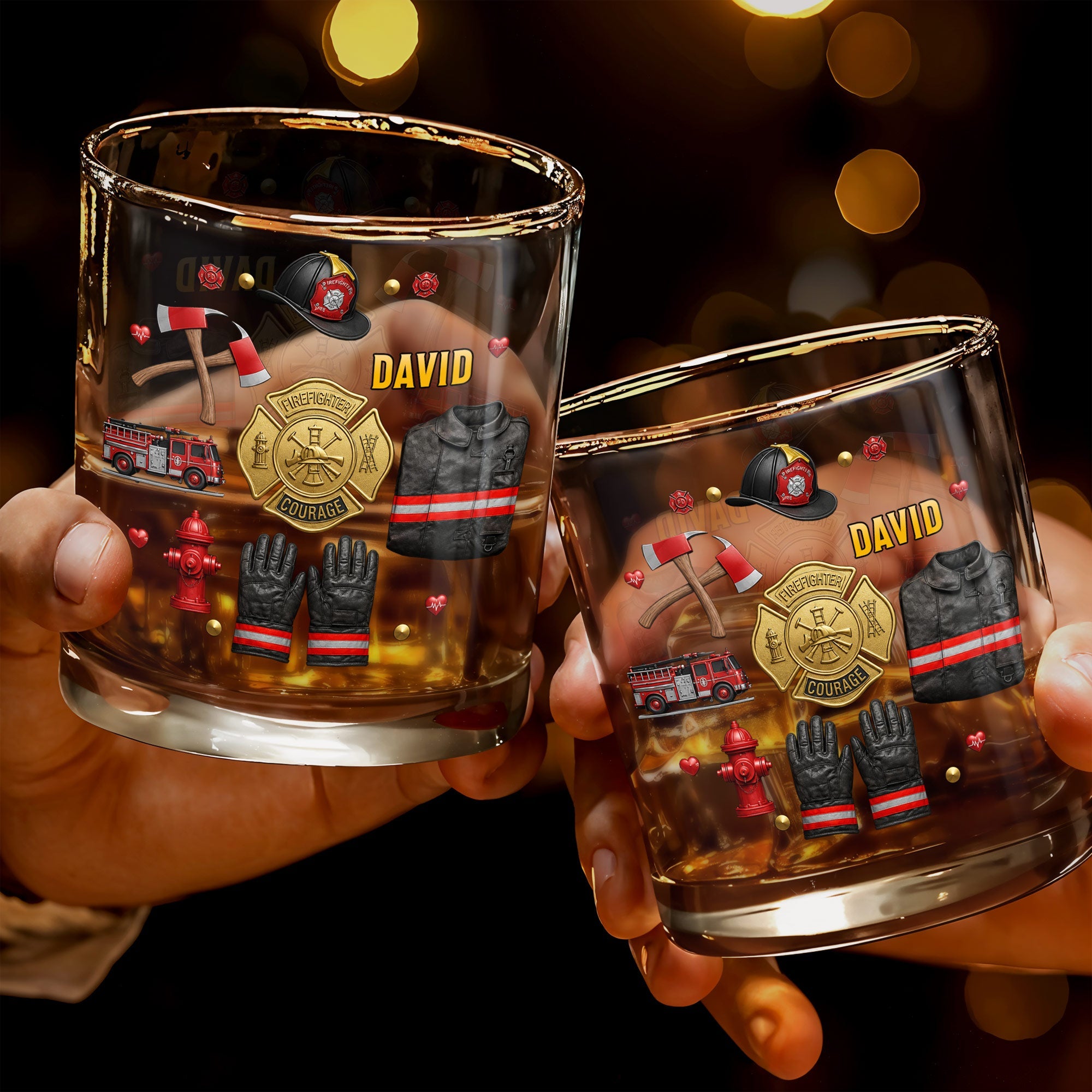 Firefighter Courage With 3D Golden Badge And Firefighter Gear Symbols - Personalized Custom Whiskey Glass - FIF106_RWG