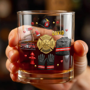Firefighter Courage With 3D Golden Badge And Firefighter Gear Symbols - Personalized Custom Whiskey Glass - FIF106_RWG