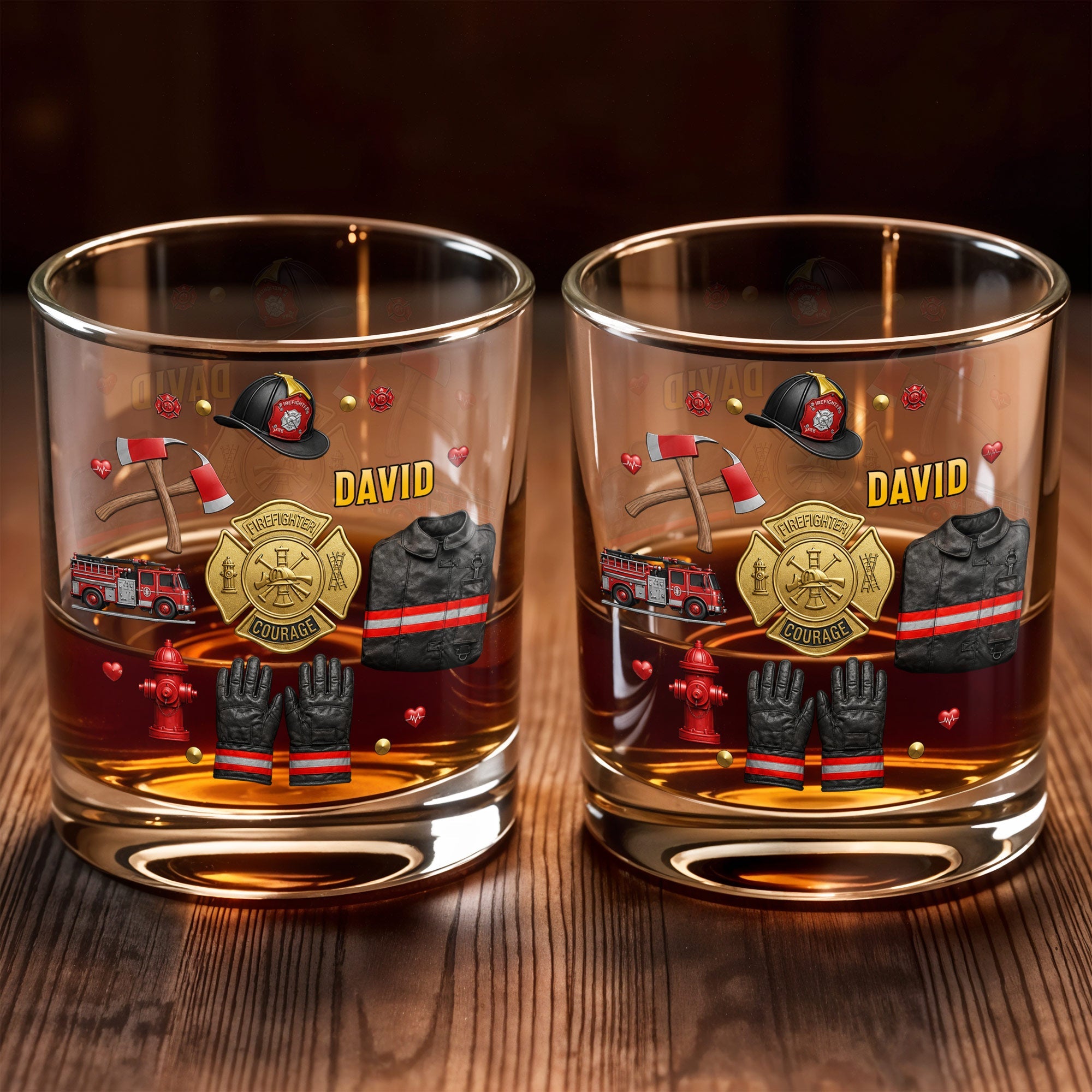 Firefighter Courage With 3D Golden Badge And Firefighter Gear Symbols - Personalized Custom Whiskey Glass - FIF106_RWG