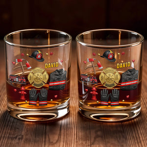 Firefighter Courage With 3D Golden Badge And Firefighter Gear Symbols - Personalized Custom Whiskey Glass - FIF106_RWG