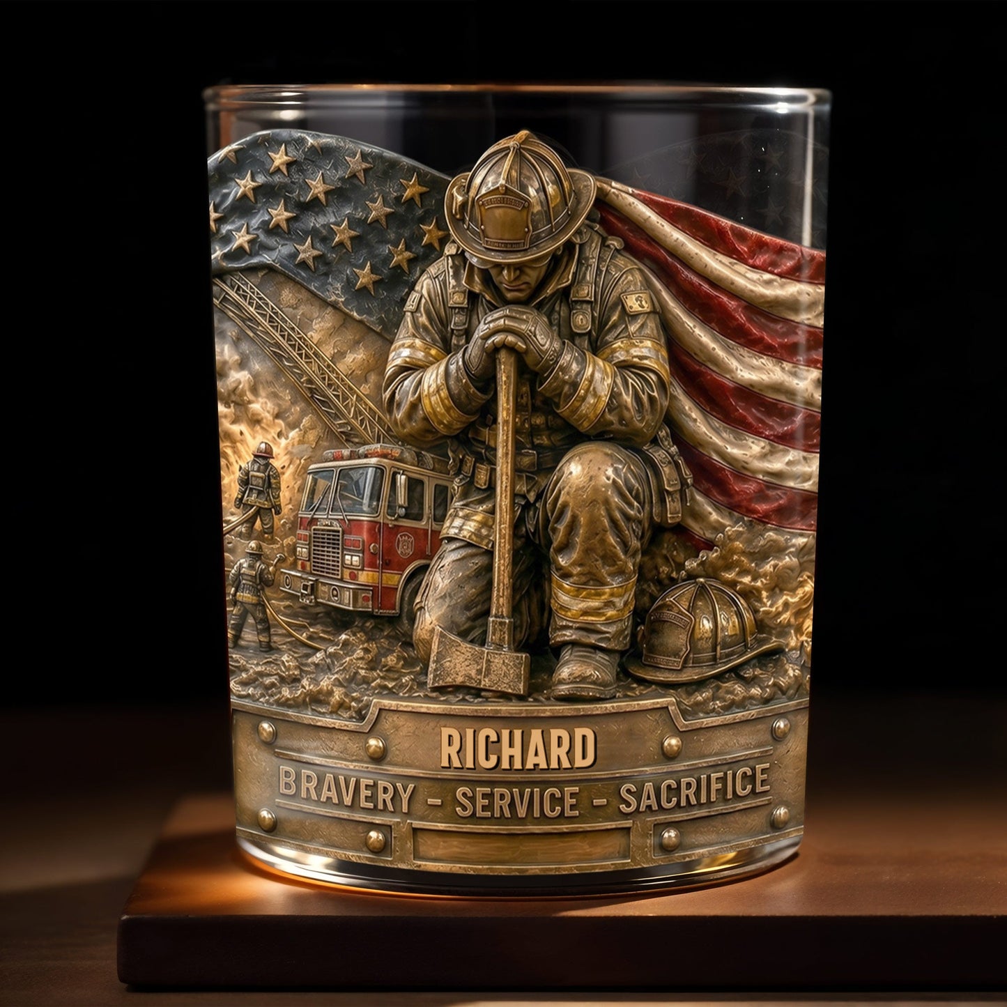 Bravery Service Sacrifice Firefighter With American Flag And Axe - Personalized Custom Whiskey Glass - FIF107_RWG
