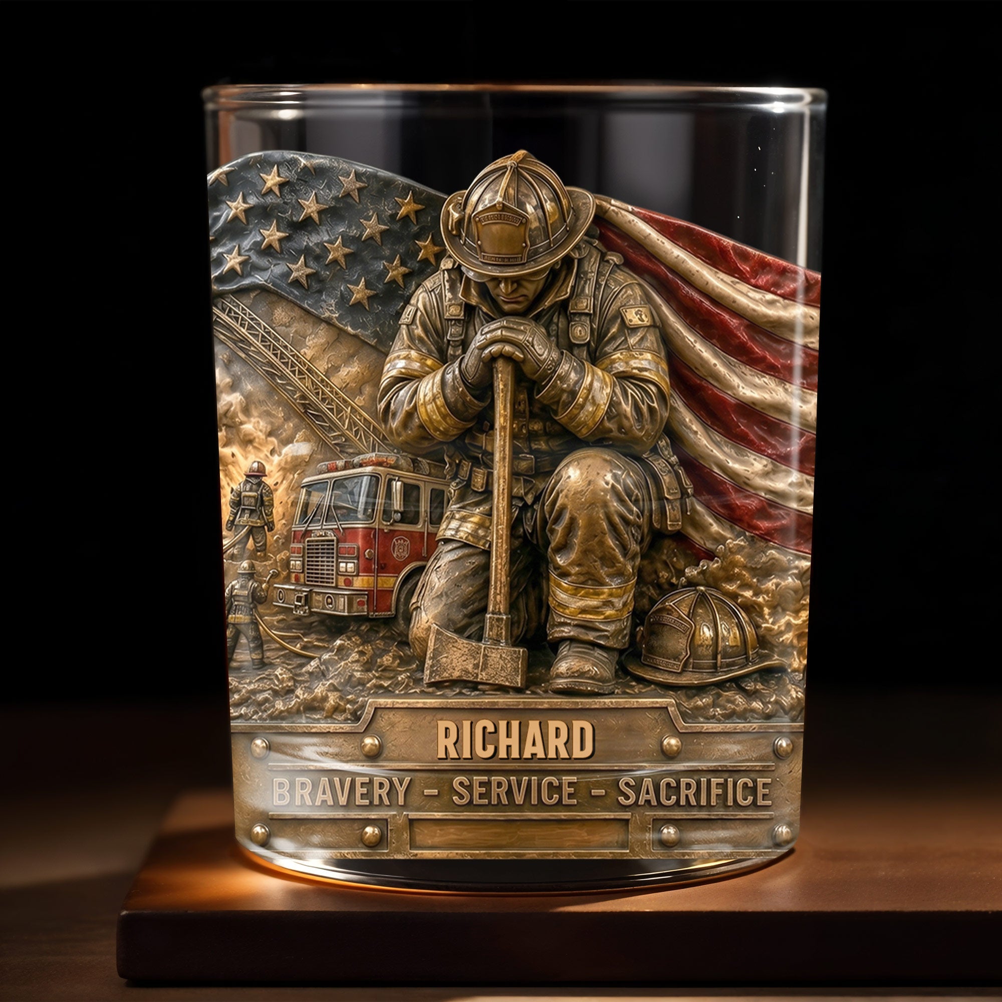 Bravery Service Sacrifice Firefighter With American Flag And Axe - Personalized Custom Whiskey Glass - FIF107_RWG