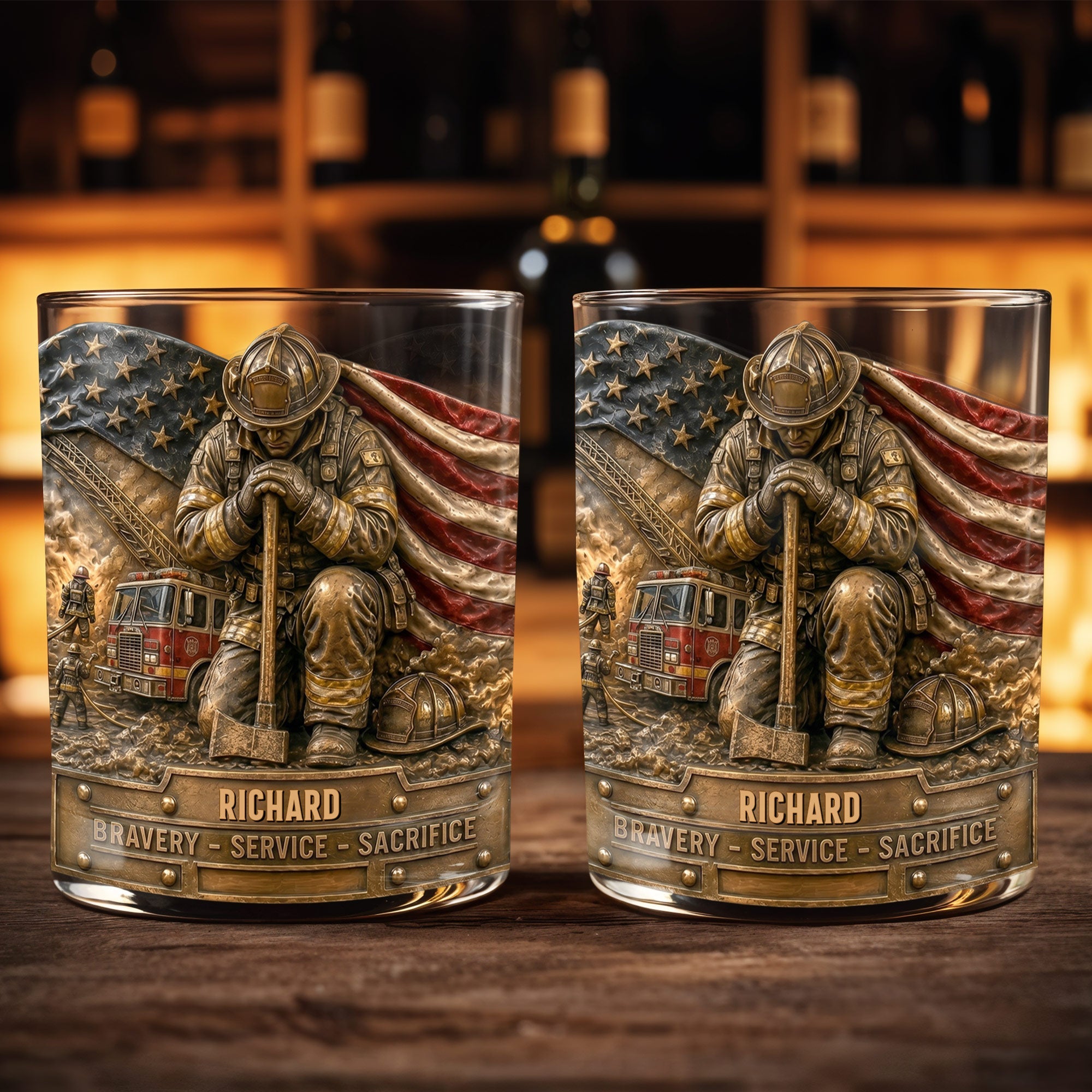 Bravery Service Sacrifice Firefighter With American Flag And Axe - Personalized Custom Whiskey Glass - FIF107_RWG