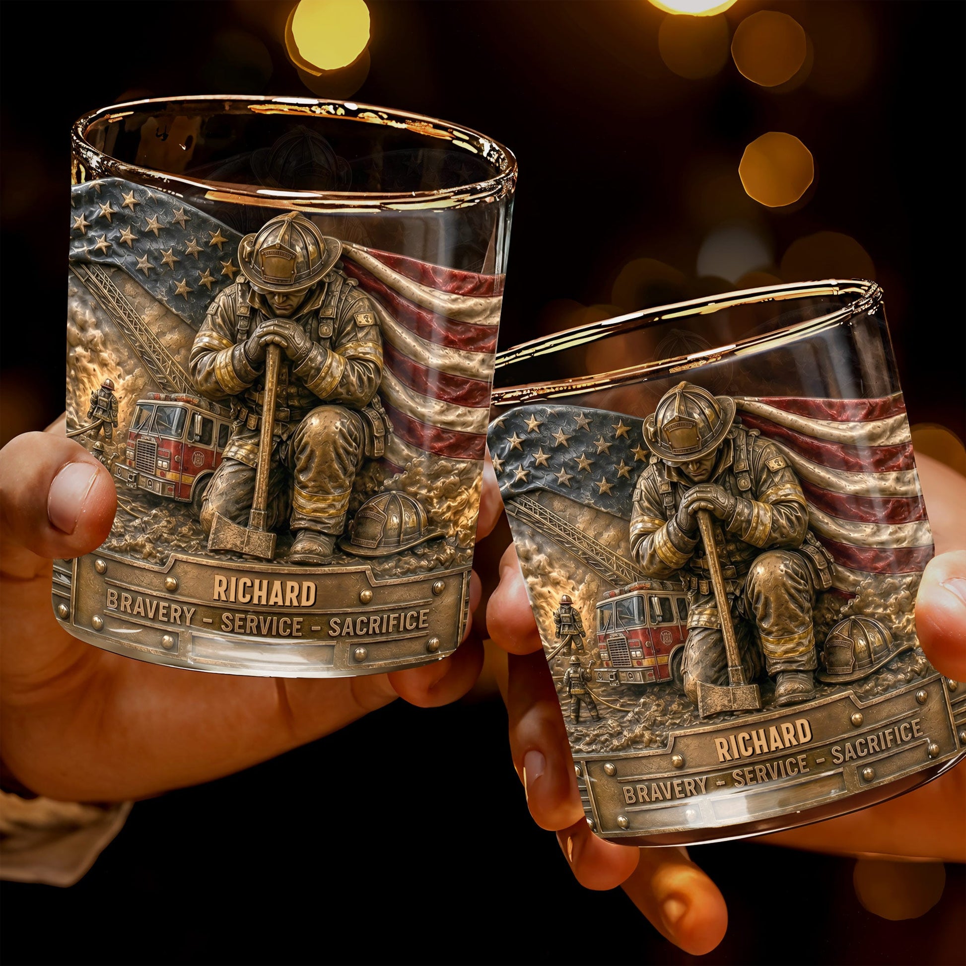 Bravery Service Sacrifice Firefighter With American Flag And Axe - Personalized Custom Whiskey Glass - FIF107_RWG