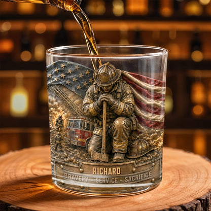 Bravery Service Sacrifice Firefighter With American Flag And Axe - Personalized Custom Whiskey Glass - FIF107_RWG
