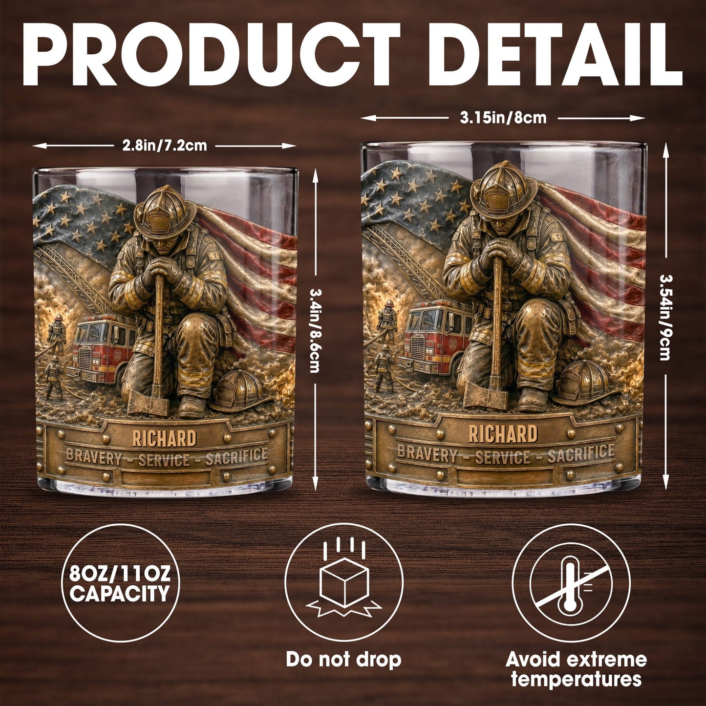Bravery Service Sacrifice Firefighter With American Flag And Axe - Personalized Custom Whiskey Glass - FIF107_RWG