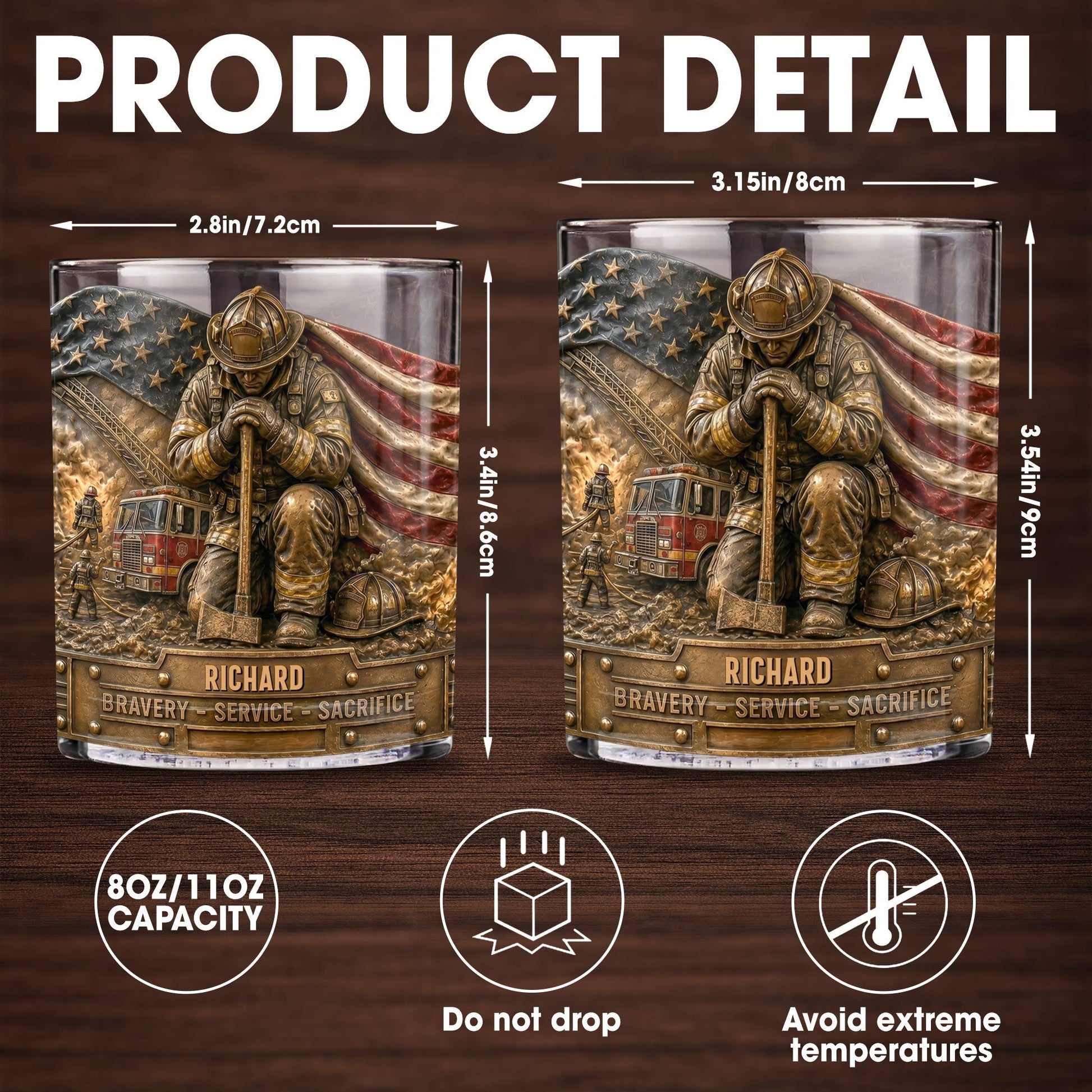 Bravery Service Sacrifice Firefighter With American Flag And Axe - Personalized Custom Whiskey Glass - FIF107_RWG