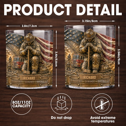 Bravery Service Sacrifice Firefighter With American Flag And Axe - Personalized Custom Whiskey Glass - FIF107_RWG