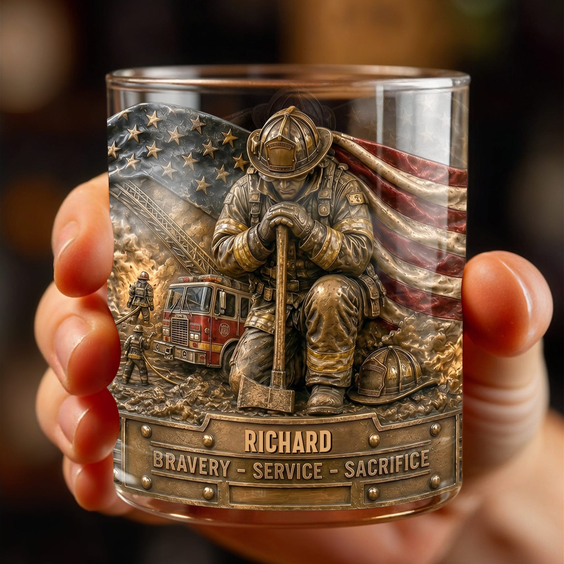 Bravery Service Sacrifice Firefighter With American Flag And Axe - Personalized Custom Whiskey Glass - FIF107_RWG