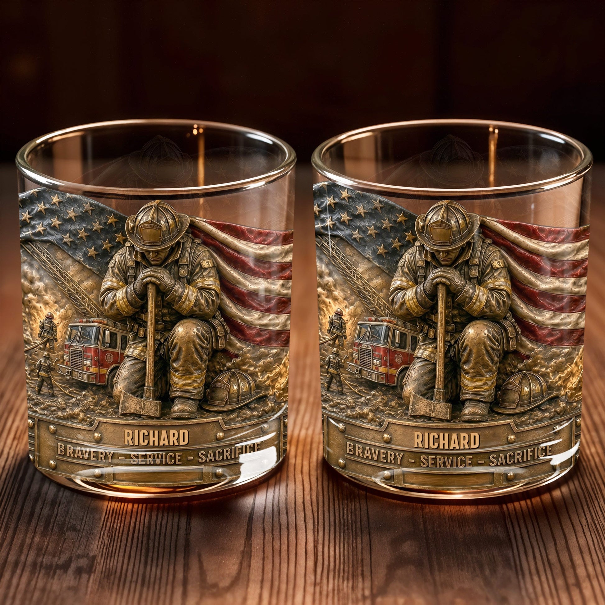 Bravery Service Sacrifice Firefighter With American Flag And Axe - Personalized Custom Whiskey Glass - FIF107_RWG