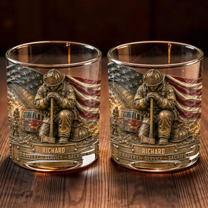 Bravery Service Sacrifice Firefighter With American Flag And Axe - Personalized Custom Whiskey Glass - FIF107_RWG