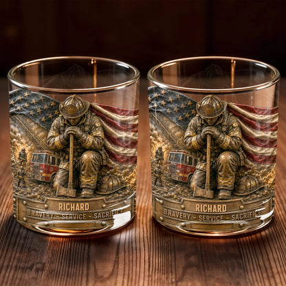 Bravery Service Sacrifice Firefighter With American Flag And Axe - Personalized Custom Whiskey Glass - FIF107_RWG