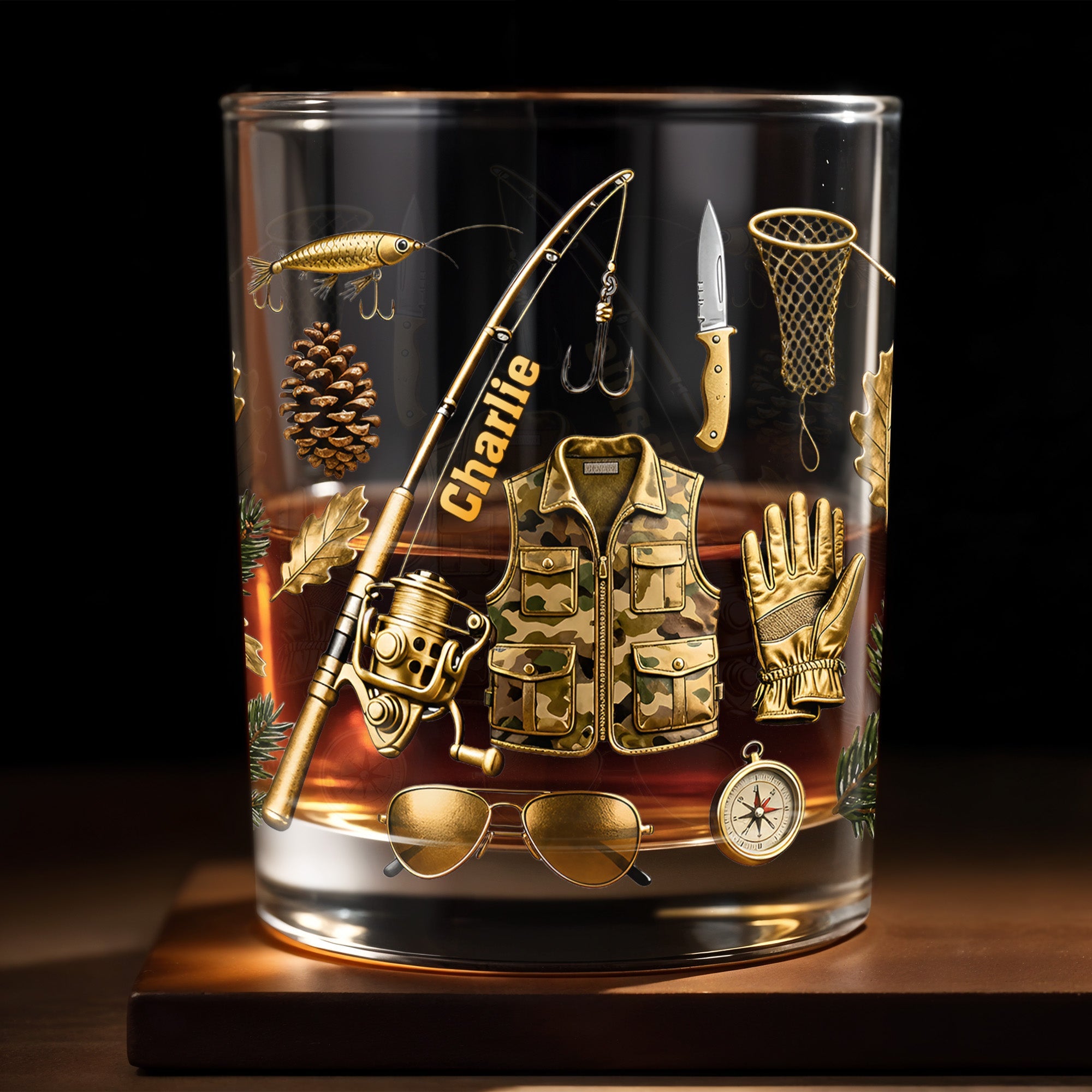 Customizable Fishing Enthusiast's Whiskey Glass - Personalized Custom Whiskey Glass - FISH016_RWG