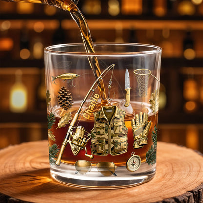 Customizable Fishing Enthusiast's Whiskey Glass - Personalized Custom Whiskey Glass - FISH016_RWG