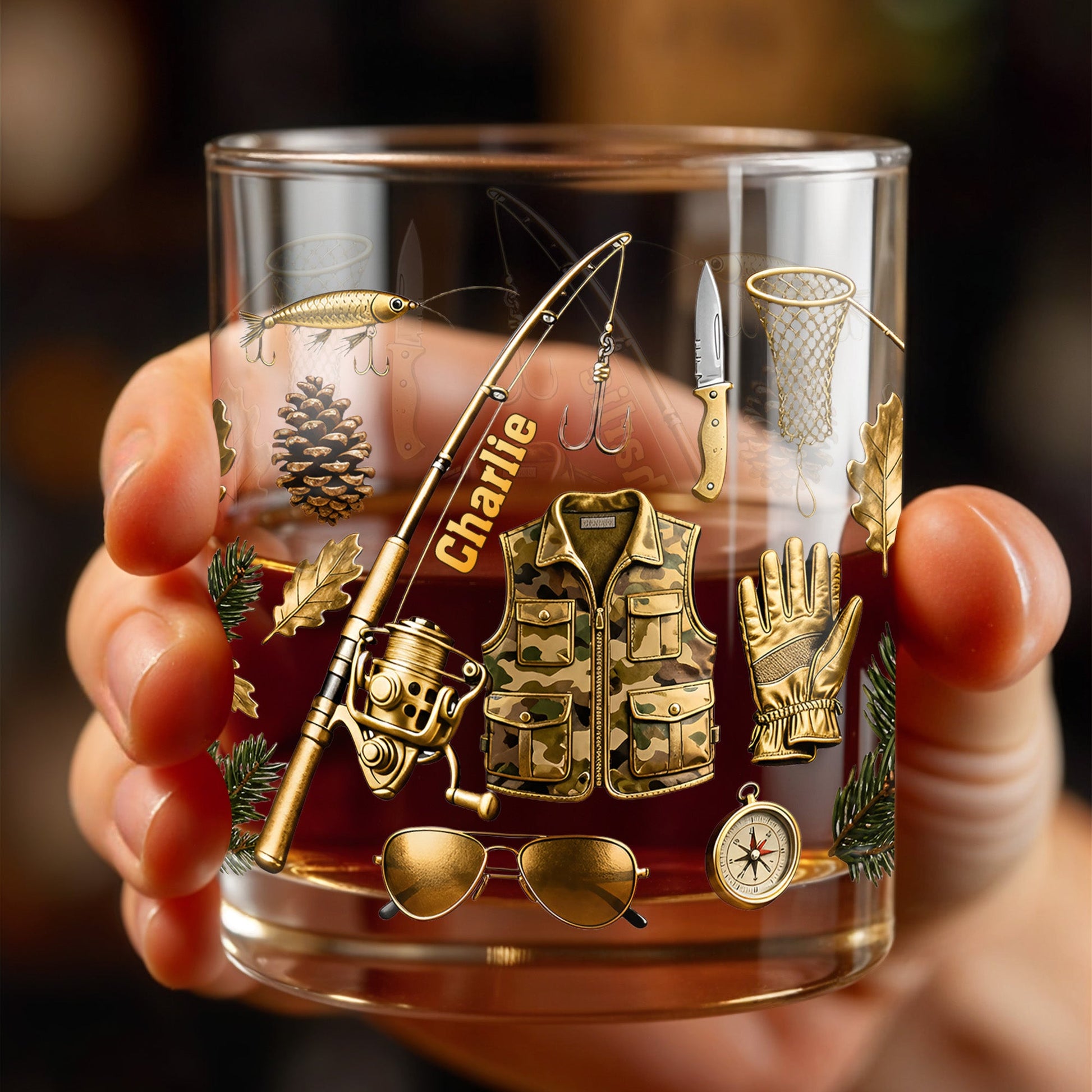 Customizable Fishing Enthusiast's Whiskey Glass - Personalized Custom Whiskey Glass - FISH016_RWG