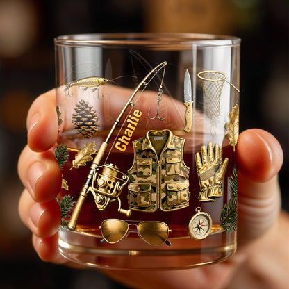 Customizable Fishing Enthusiast's Whiskey Glass - Personalized Custom Whiskey Glass - FISH016_RWG