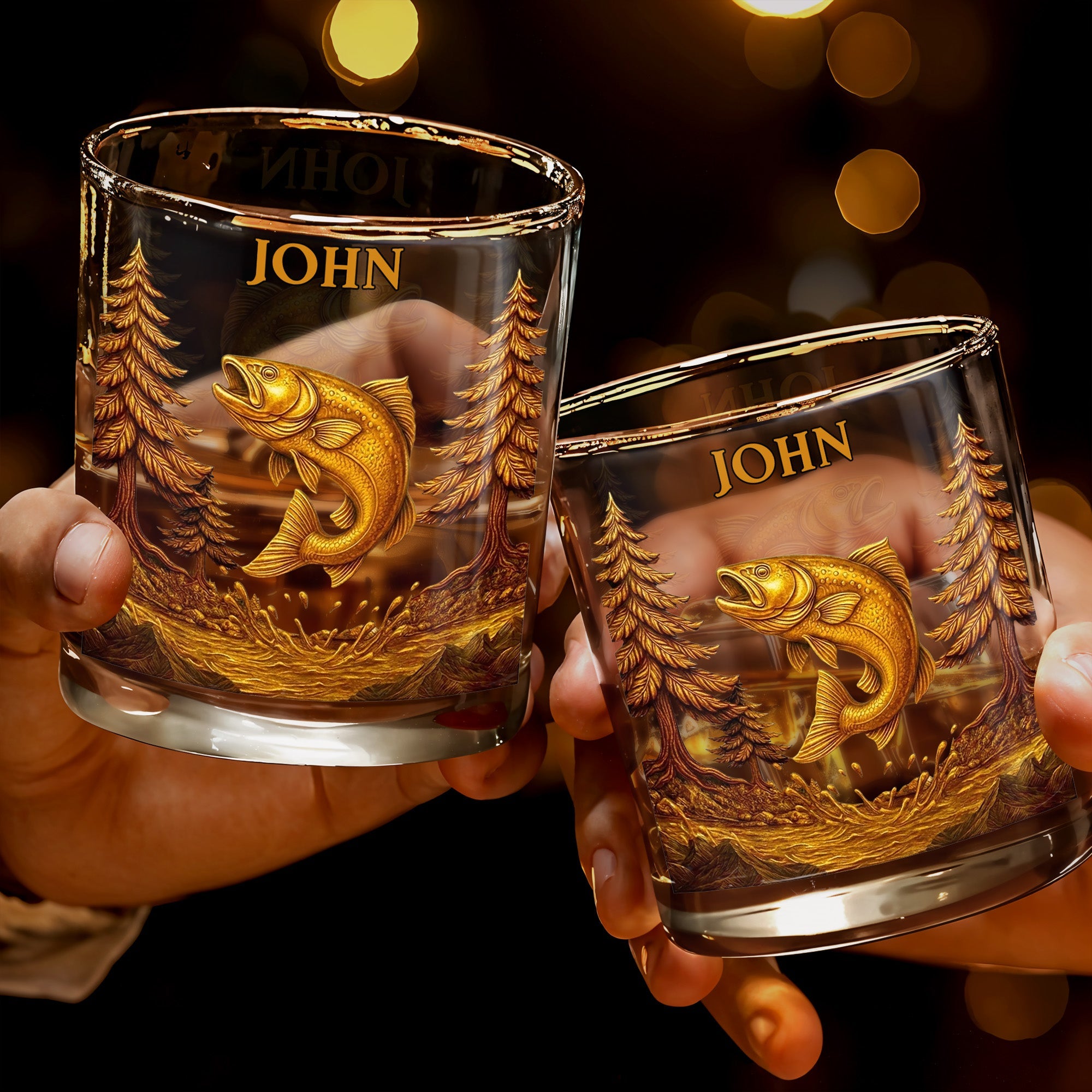 The Spirit Of Nature And Adventure, Tree And Fish Design - Personalized Custom Whiskey Glass - FISH017_RWG