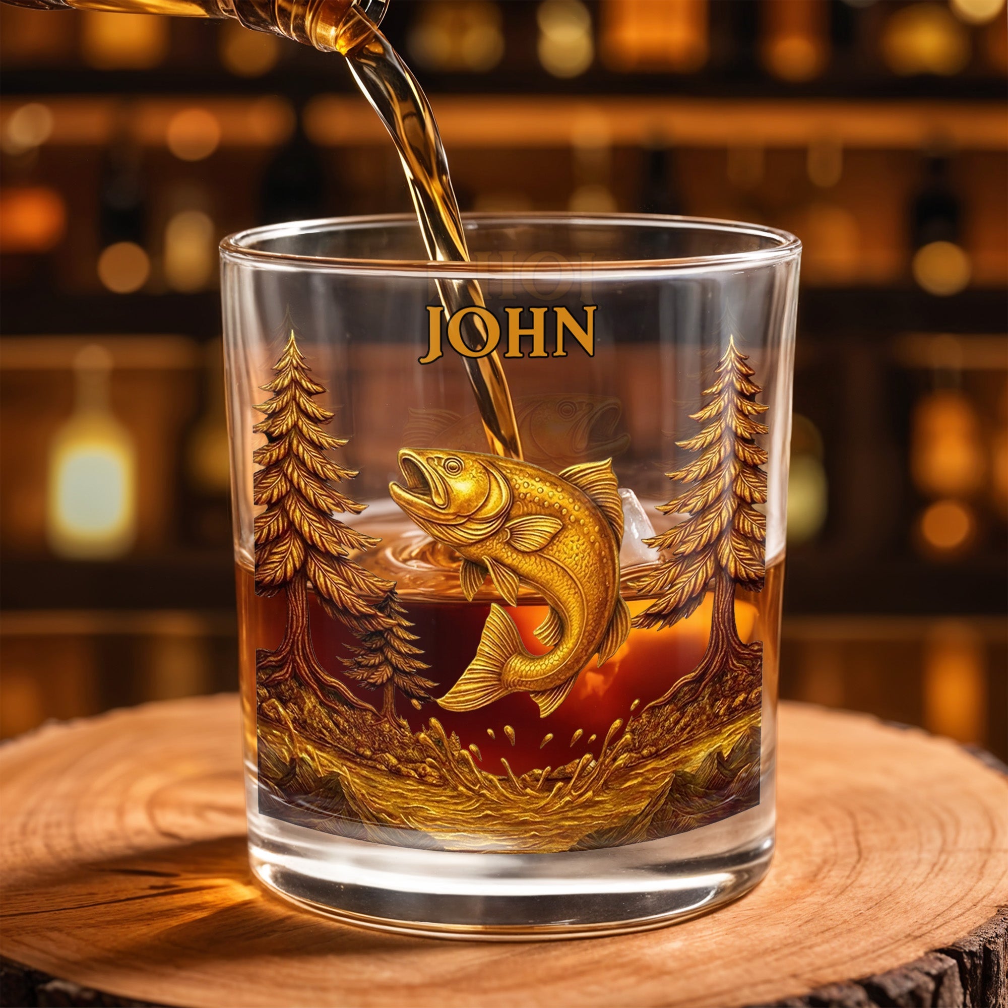 The Spirit Of Nature And Adventure, Tree And Fish Design - Personalized Custom Whiskey Glass - FISH017_RWG