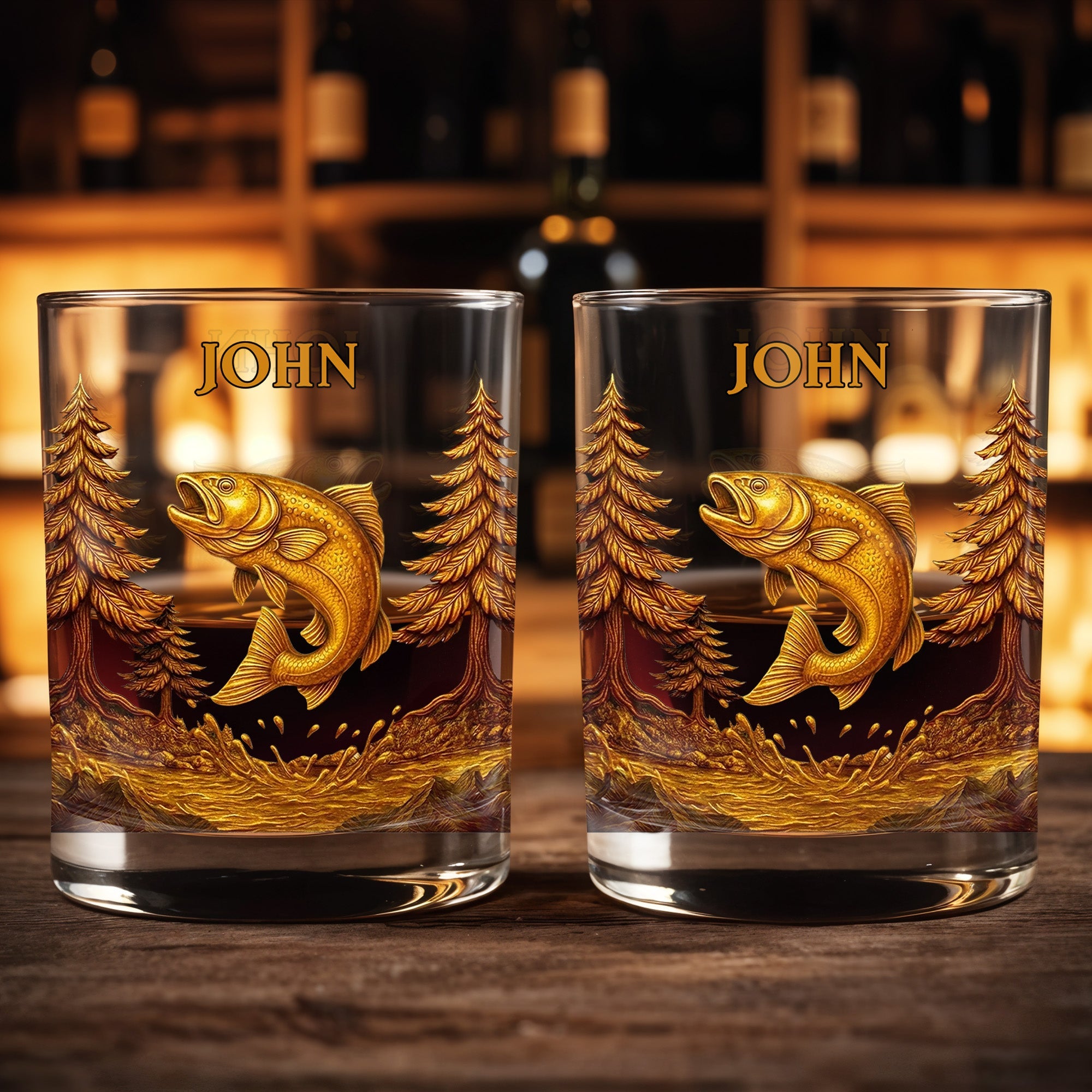 The Spirit Of Nature And Adventure, Tree And Fish Design - Personalized Custom Whiskey Glass - FISH017_RWG