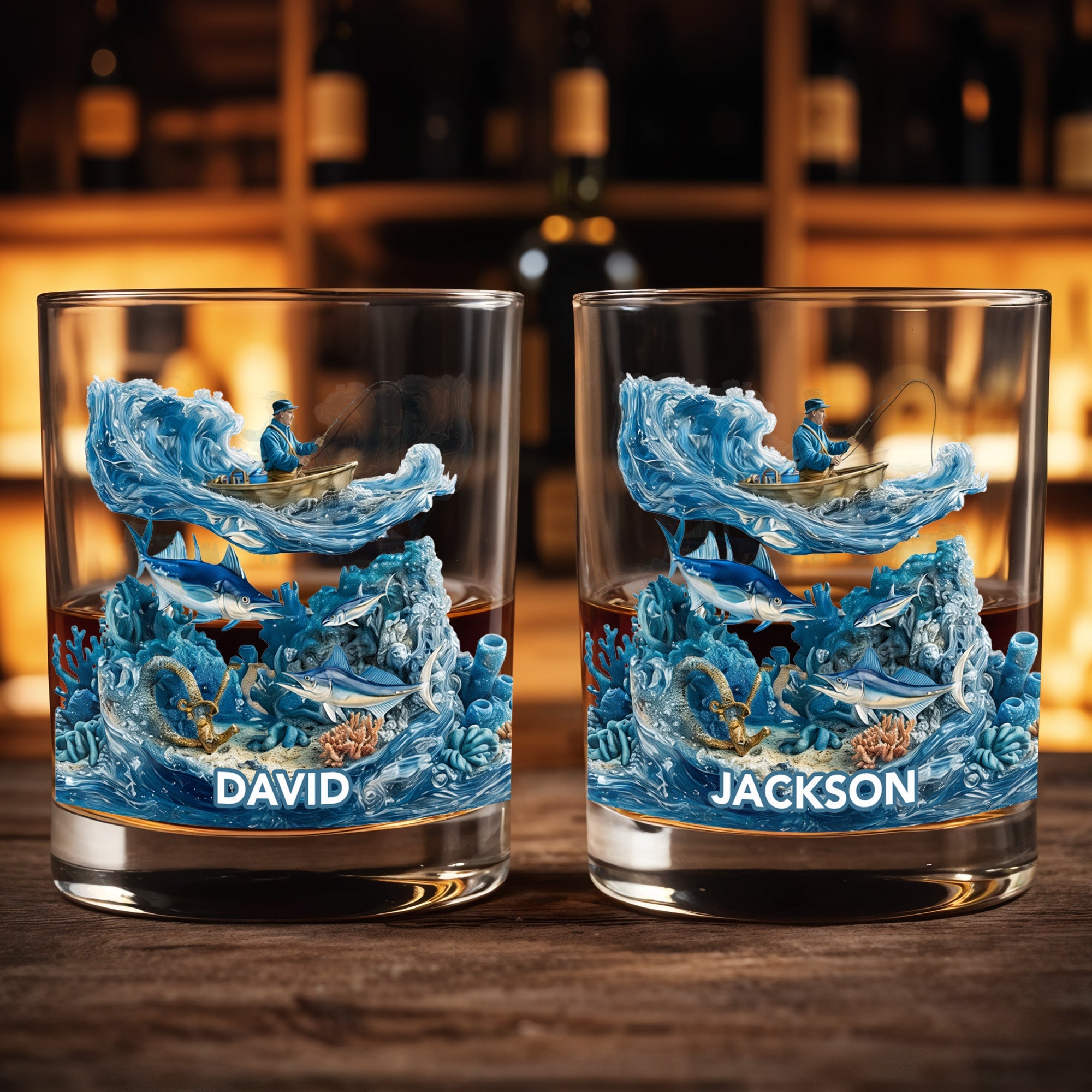 Peaceful Day On The Water Fishing Fisherman And Ocean Waves - Personalized Custom Whiskey Glass - FISH031_RWG