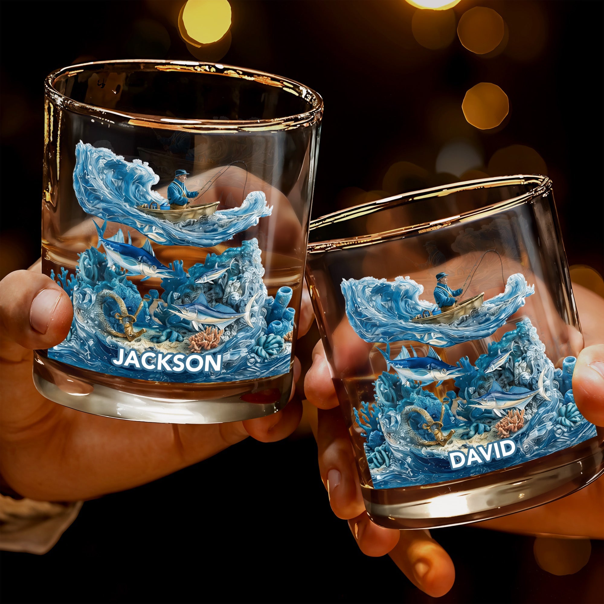 Peaceful Day On The Water Fishing Fisherman And Ocean Waves - Personalized Custom Whiskey Glass - FISH031_RWG