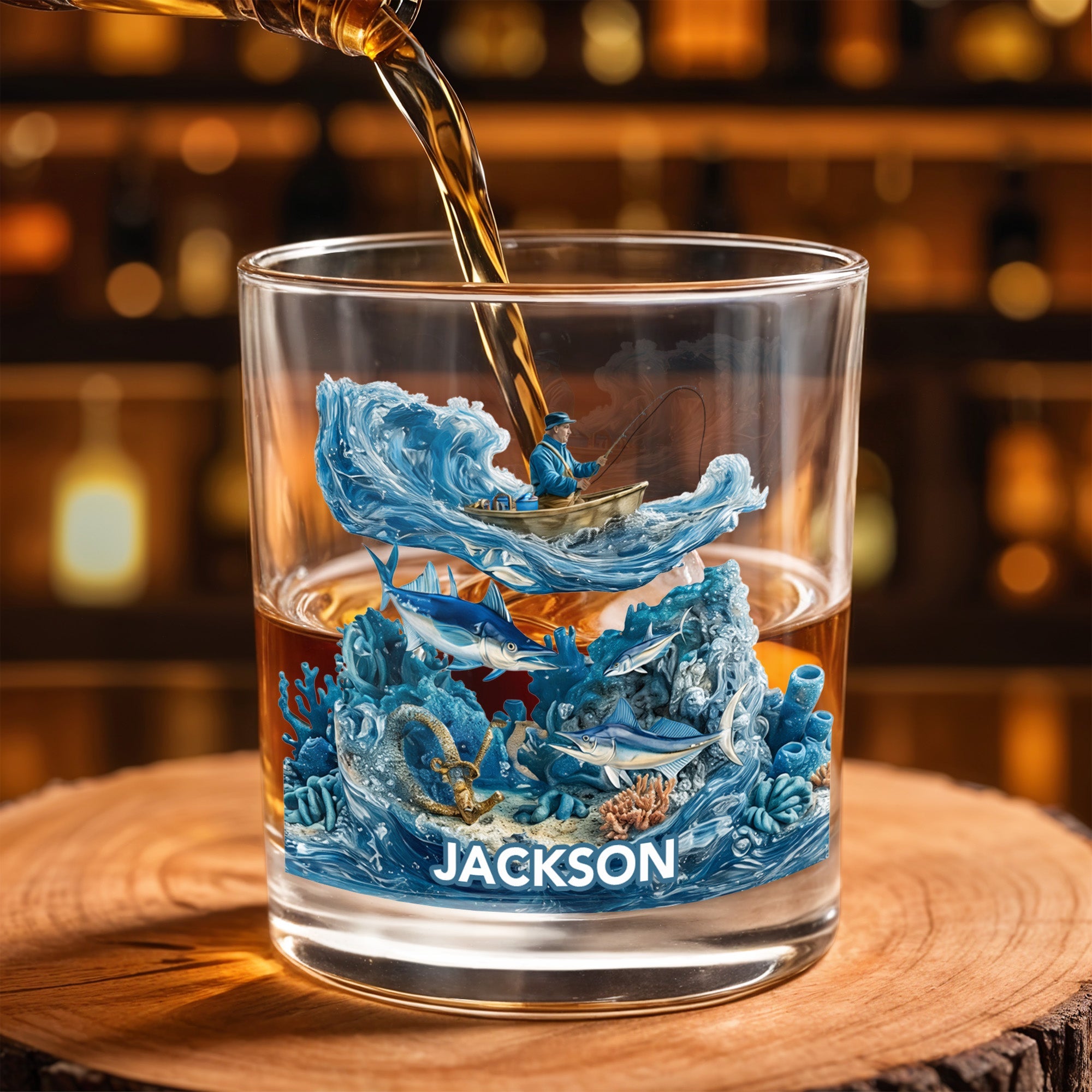 Peaceful Day On The Water Fishing Fisherman And Ocean Waves - Personalized Custom Whiskey Glass - FISH031_RWG