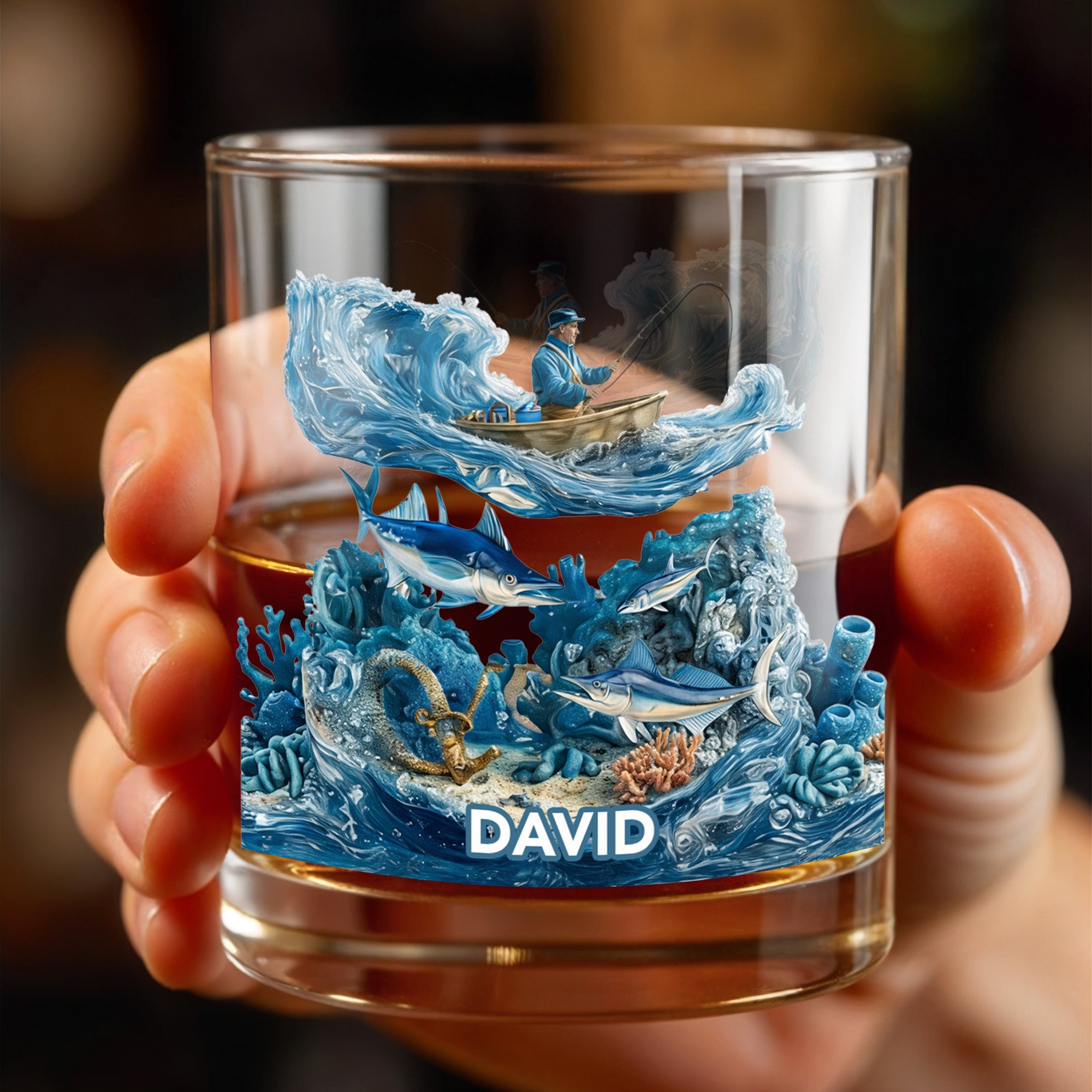 Peaceful Day On The Water Fishing Fisherman And Ocean Waves - Personalized Custom Whiskey Glass - FISH031_RWG
