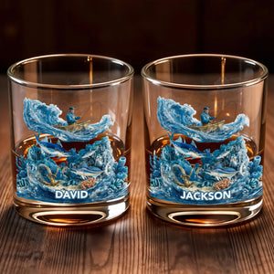 Peaceful Day On The Water Fishing Fisherman And Ocean Waves - Personalized Custom Whiskey Glass - FISH031_RWG