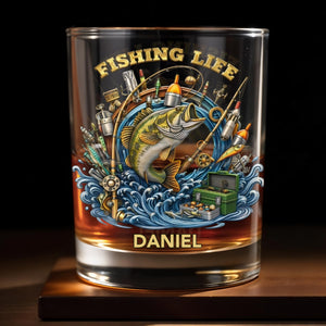 Fishing Life With Jumping Bass And Fishing Gear 3D Effect - Personalized Custom Whiskey Glass - FISH042_RWG