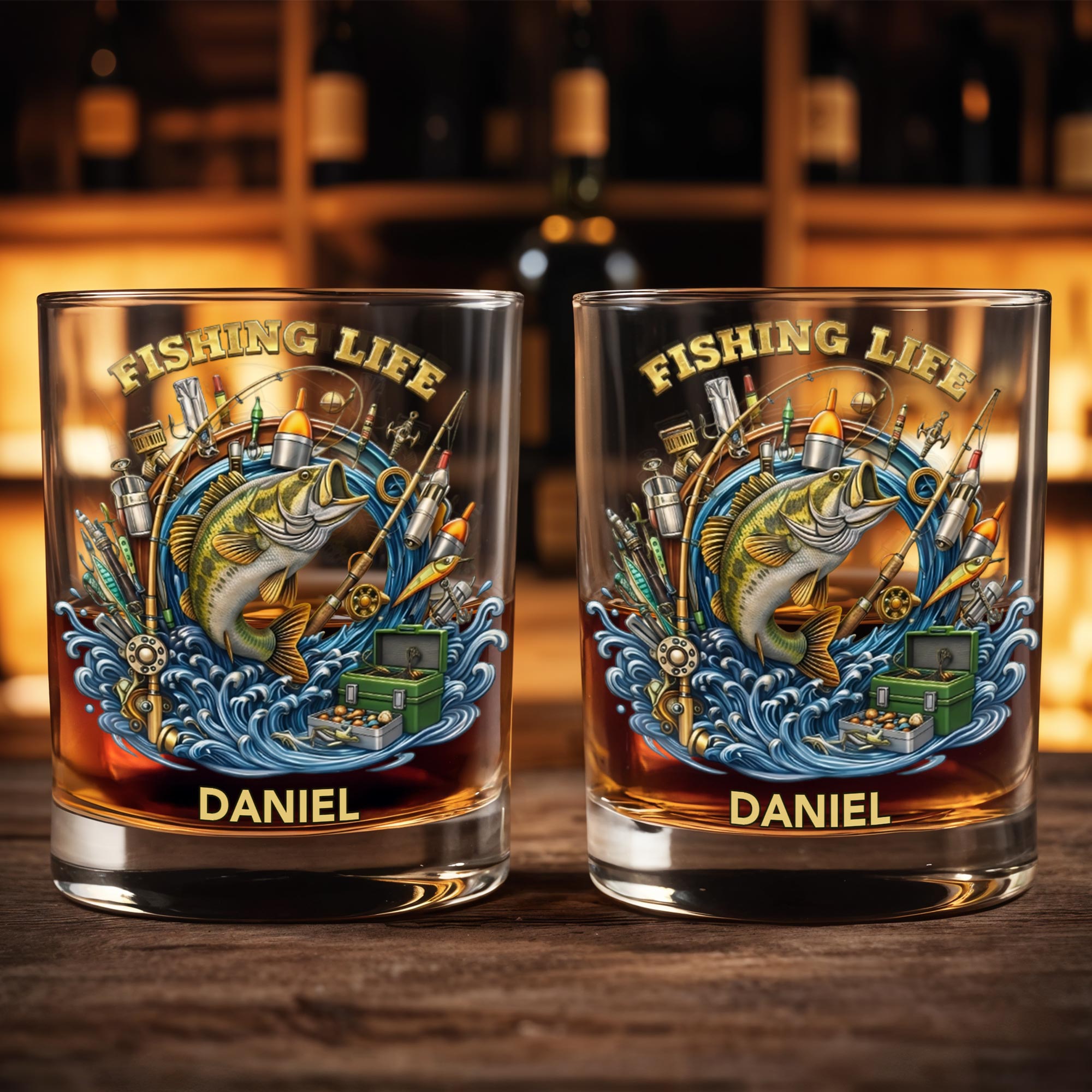 Fishing Life With Jumping Bass And Fishing Gear 3D Effect - Personalized Custom Whiskey Glass - FISH042_RWG