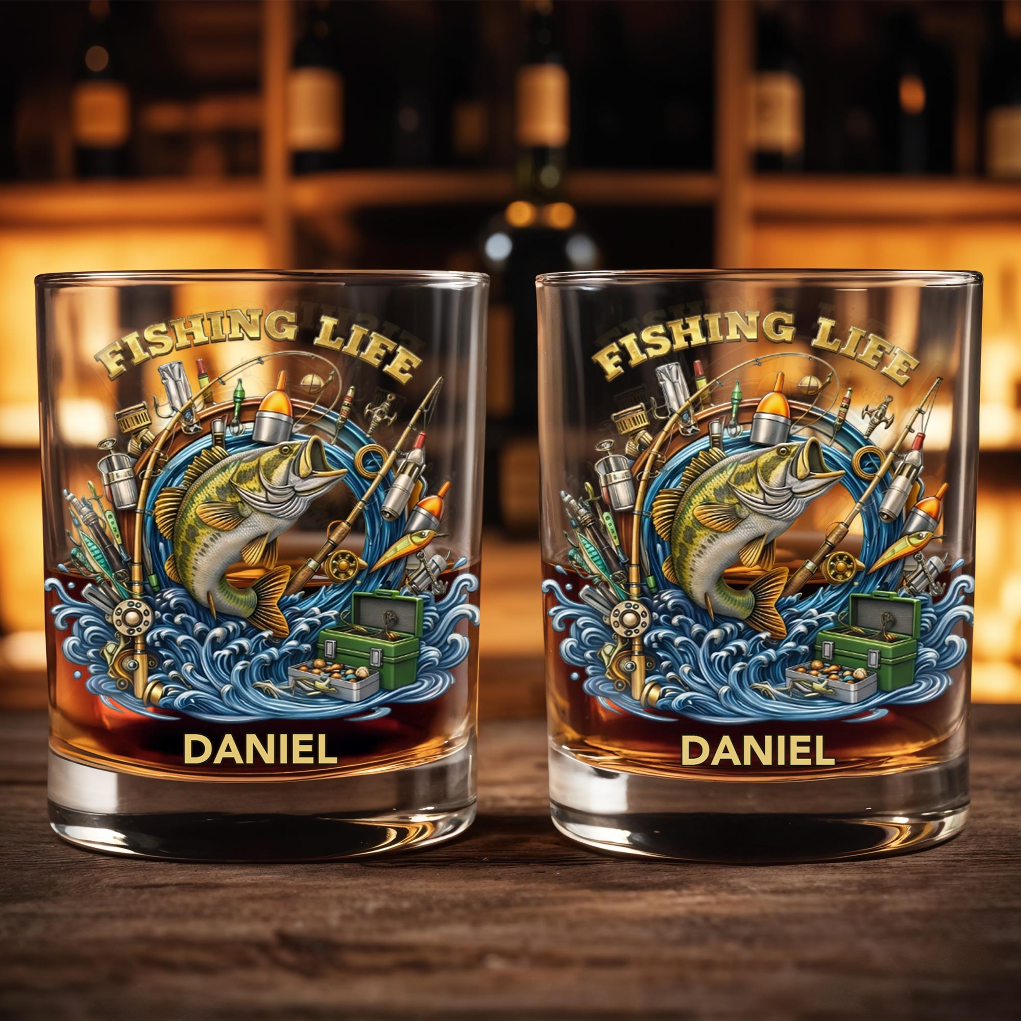 Fishing Life With Jumping Bass And Fishing Gear 3D Effect - Personalized Custom Whiskey Glass - FISH042_RWG