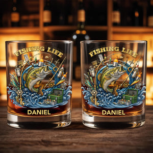 Fishing Life With Jumping Bass And Fishing Gear 3D Effect - Personalized Custom Whiskey Glass - FISH042_RWG