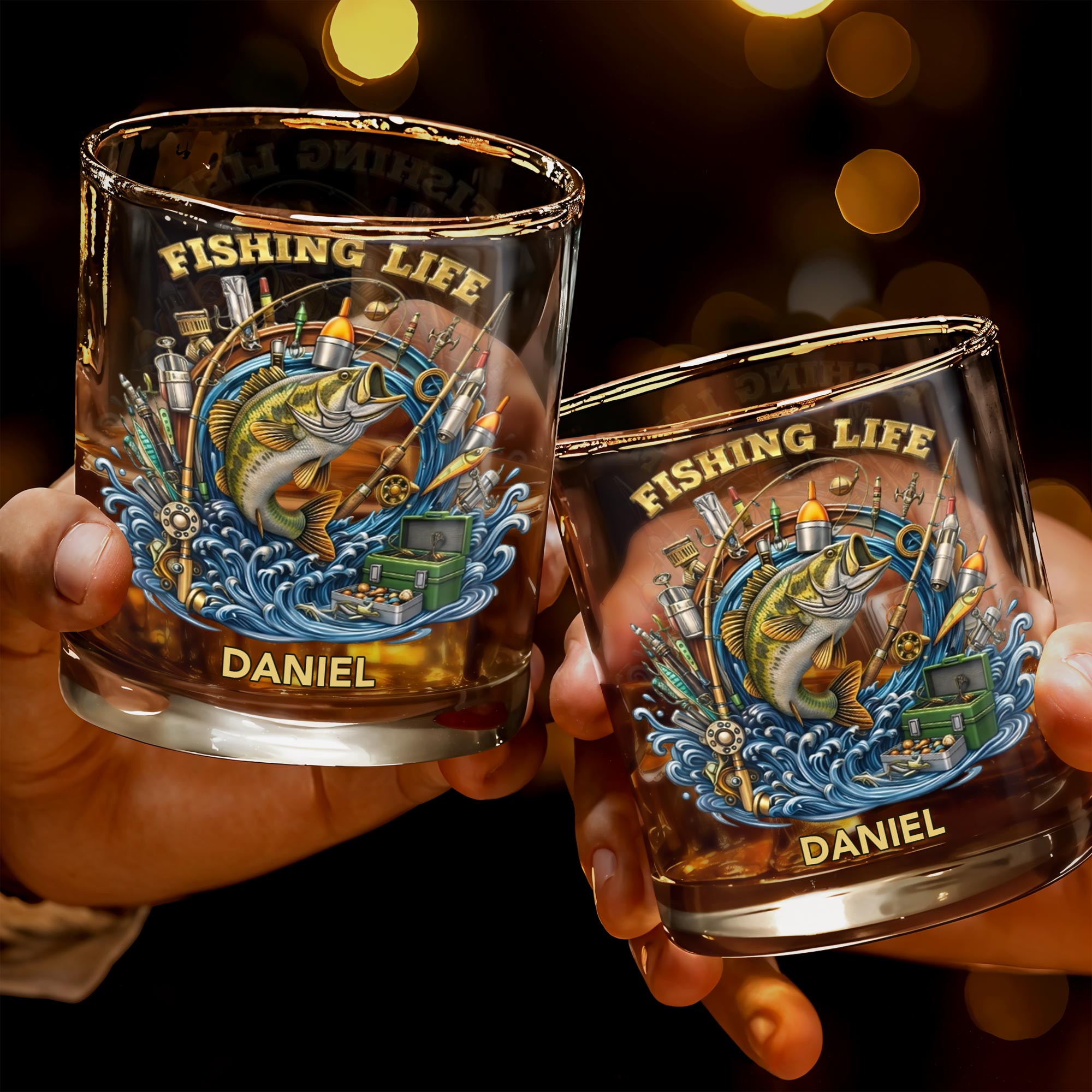 Fishing Life With Jumping Bass And Fishing Gear 3D Effect - Personalized Custom Whiskey Glass - FISH042_RWG