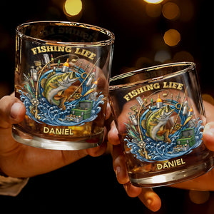 Fishing Life With Jumping Bass And Fishing Gear 3D Effect - Personalized Custom Whiskey Glass - FISH042_RWG
