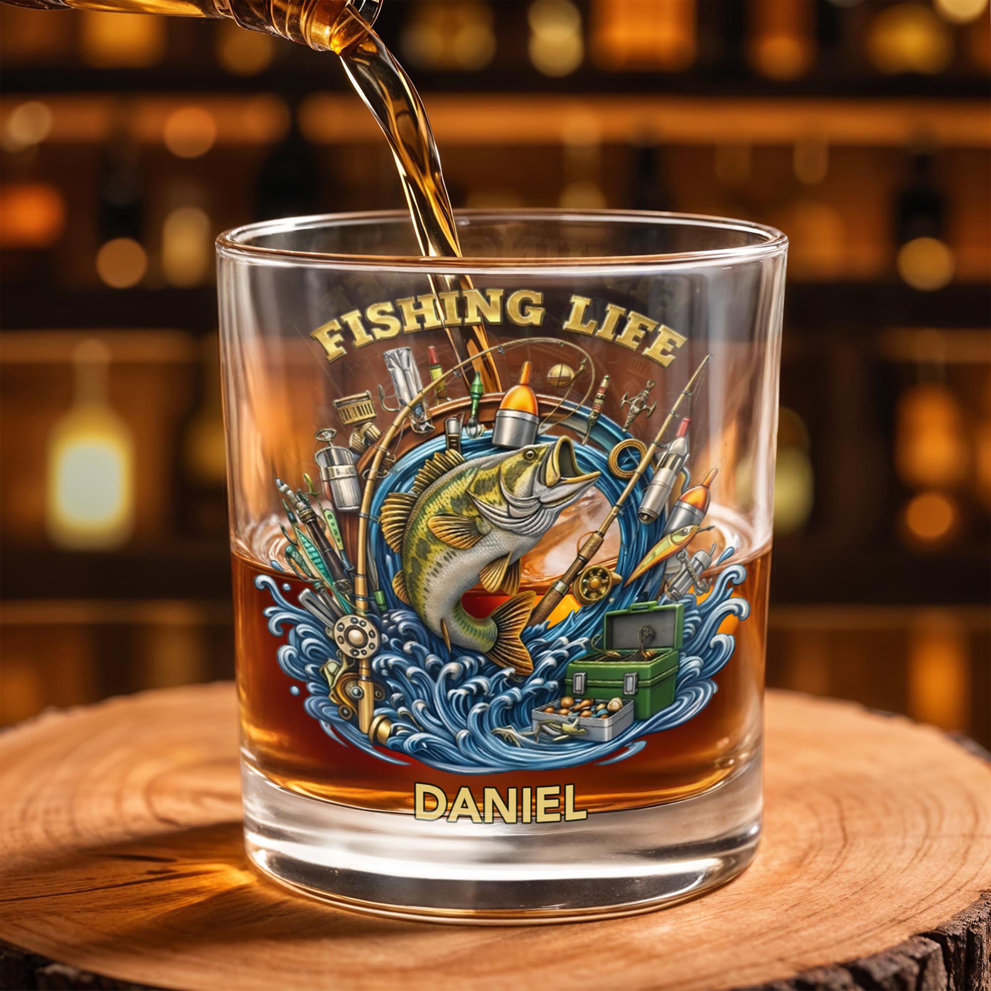 Fishing Life With Jumping Bass And Fishing Gear 3D Effect - Personalized Custom Whiskey Glass - FISH042_RWG