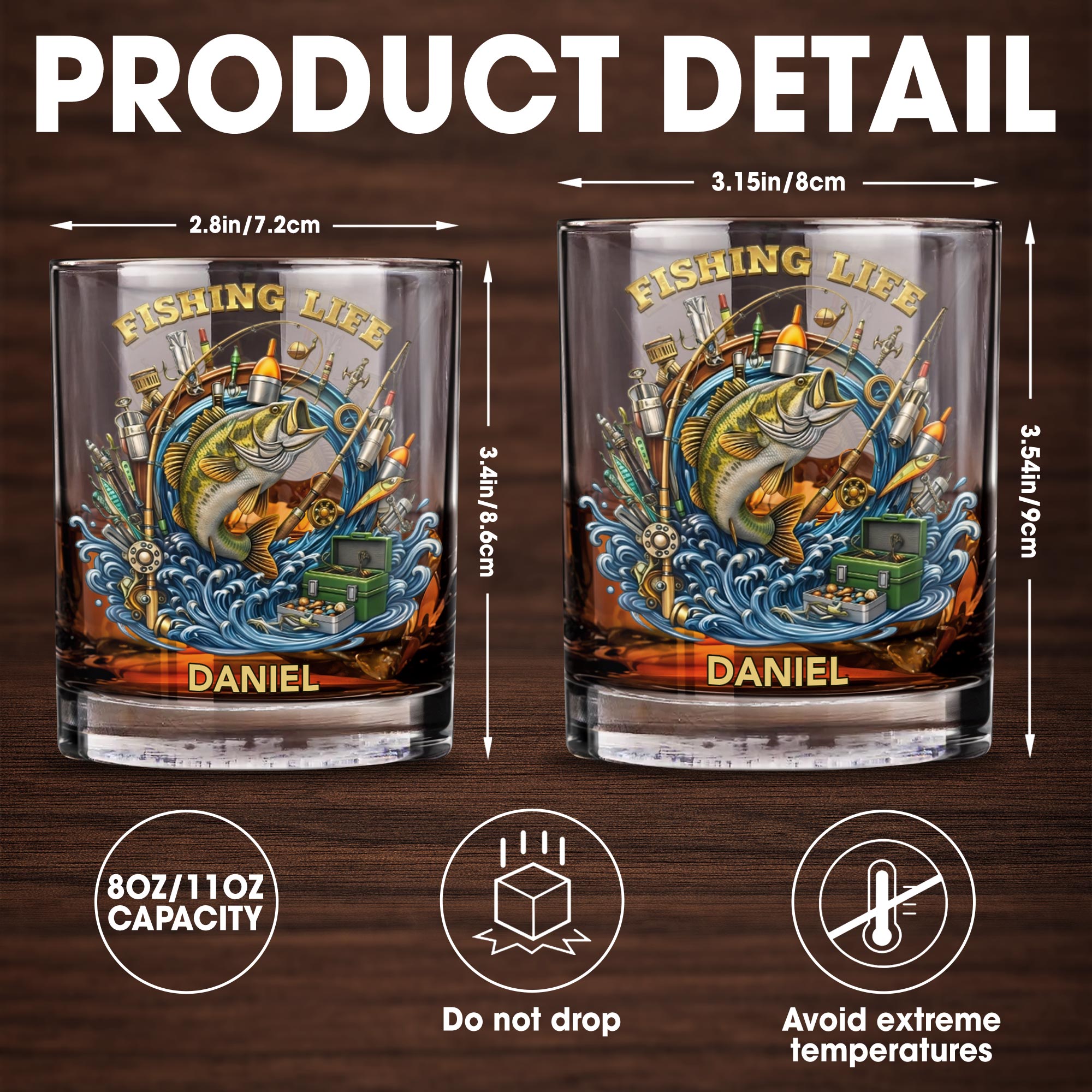 Fishing Life With Jumping Bass And Fishing Gear 3D Effect - Personalized Custom Whiskey Glass - FISH042_RWG