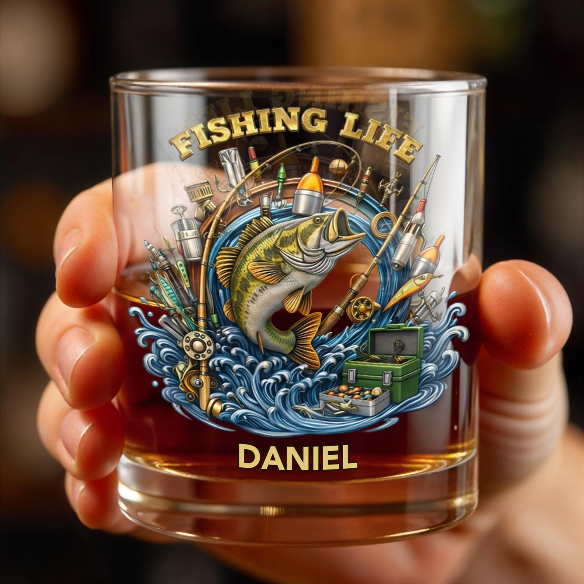 Fishing Life With Jumping Bass And Fishing Gear 3D Effect - Personalized Custom Whiskey Glass - FISH042_RWG